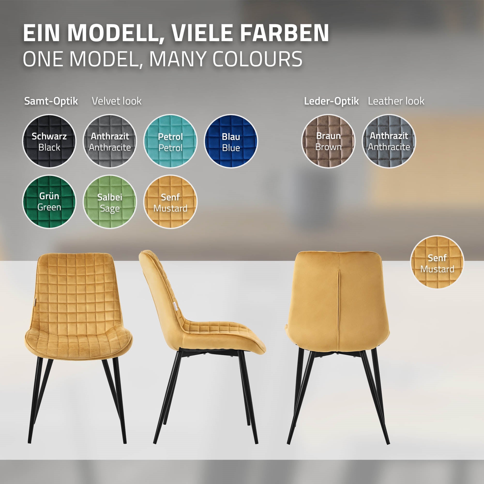 Een stoel in verschillende kleuren: zwart, antraciet, petrol, blauw, groen, saliegroen, mosterd.