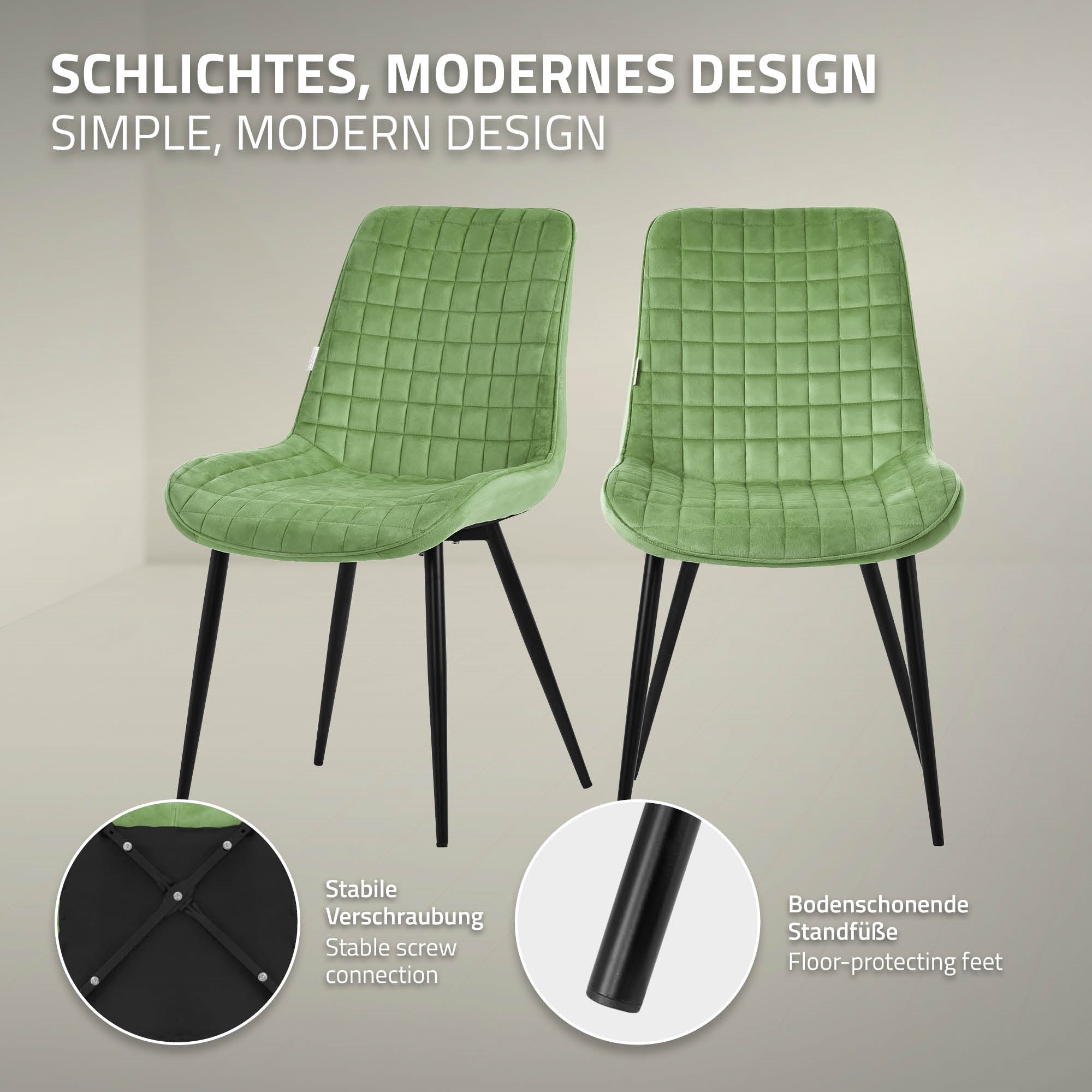 Two green chairs with sturdy legs in a minimalist design.