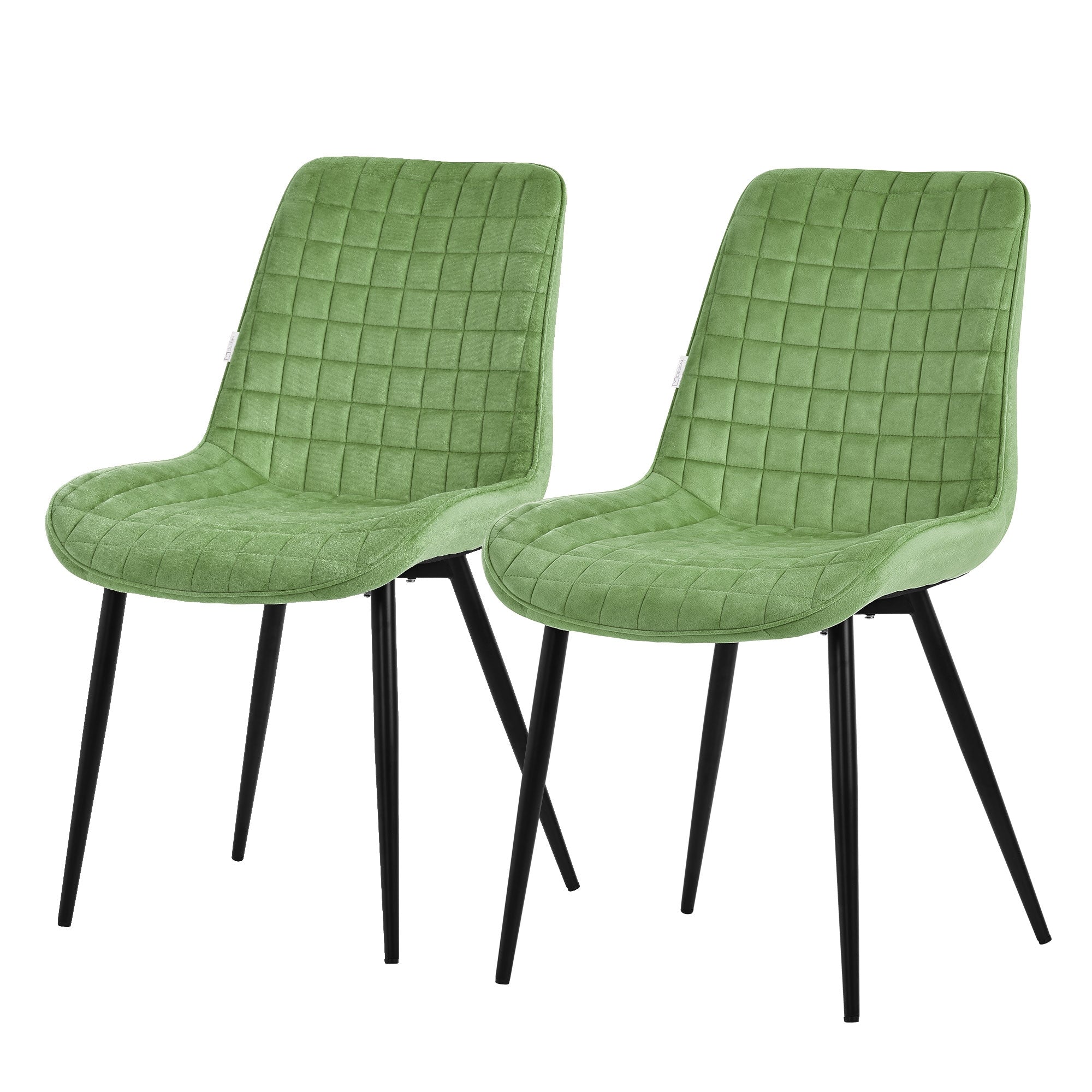 Two green chairs with square upholstery and black frame.