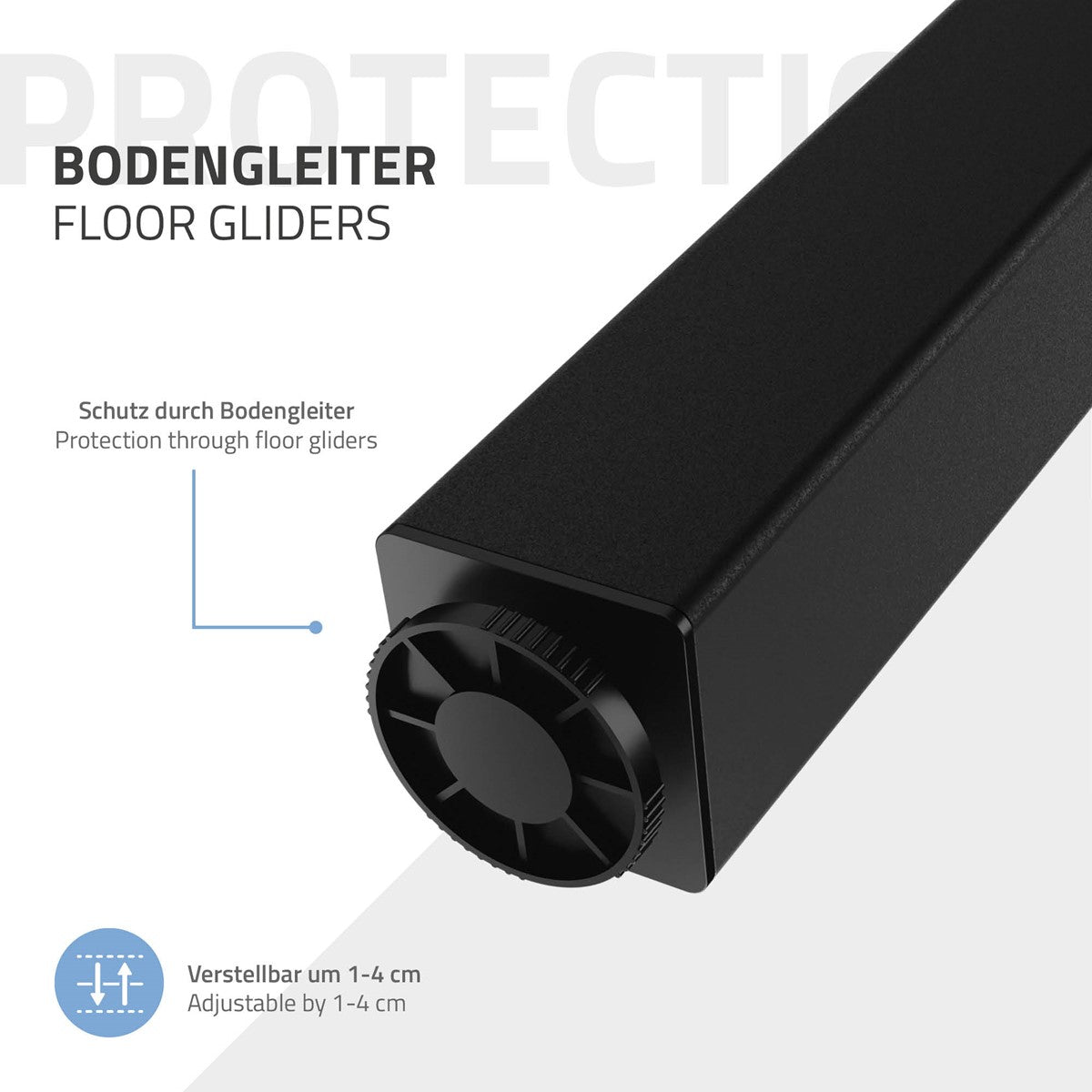 Schwarzer Bodengleiter mit verstellbarer Höhe.