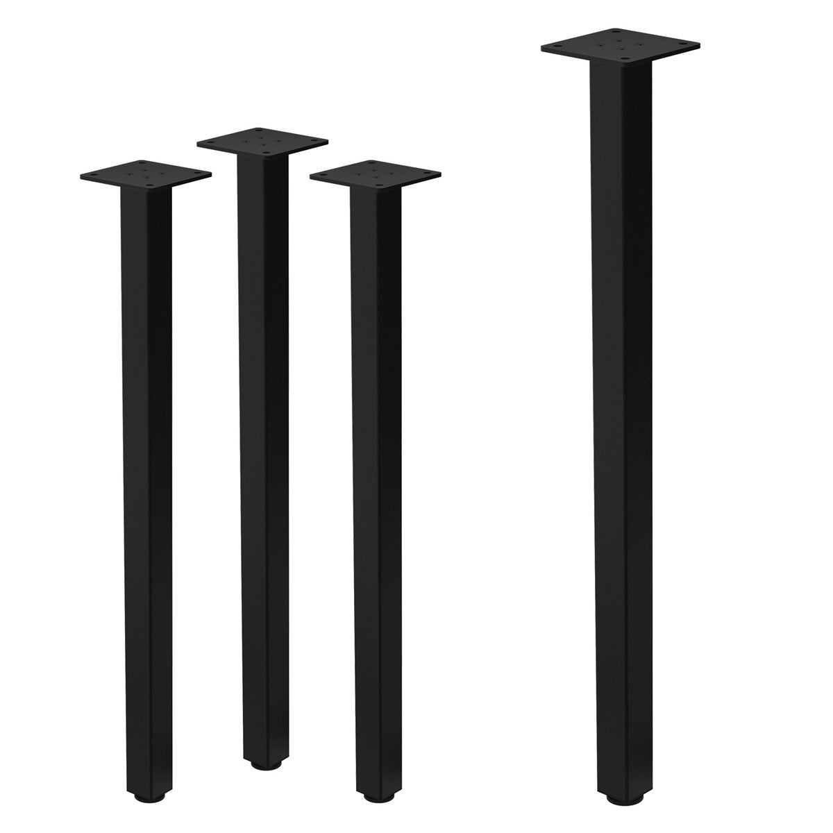 Vier schwarze Tischbeine mit quadratischer Oberseite.