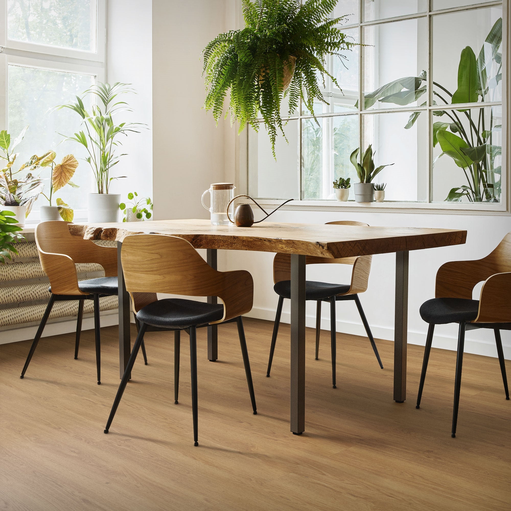 Esszimmer mit einem Holztisch, Stühlen und Pflanzen im Raum.