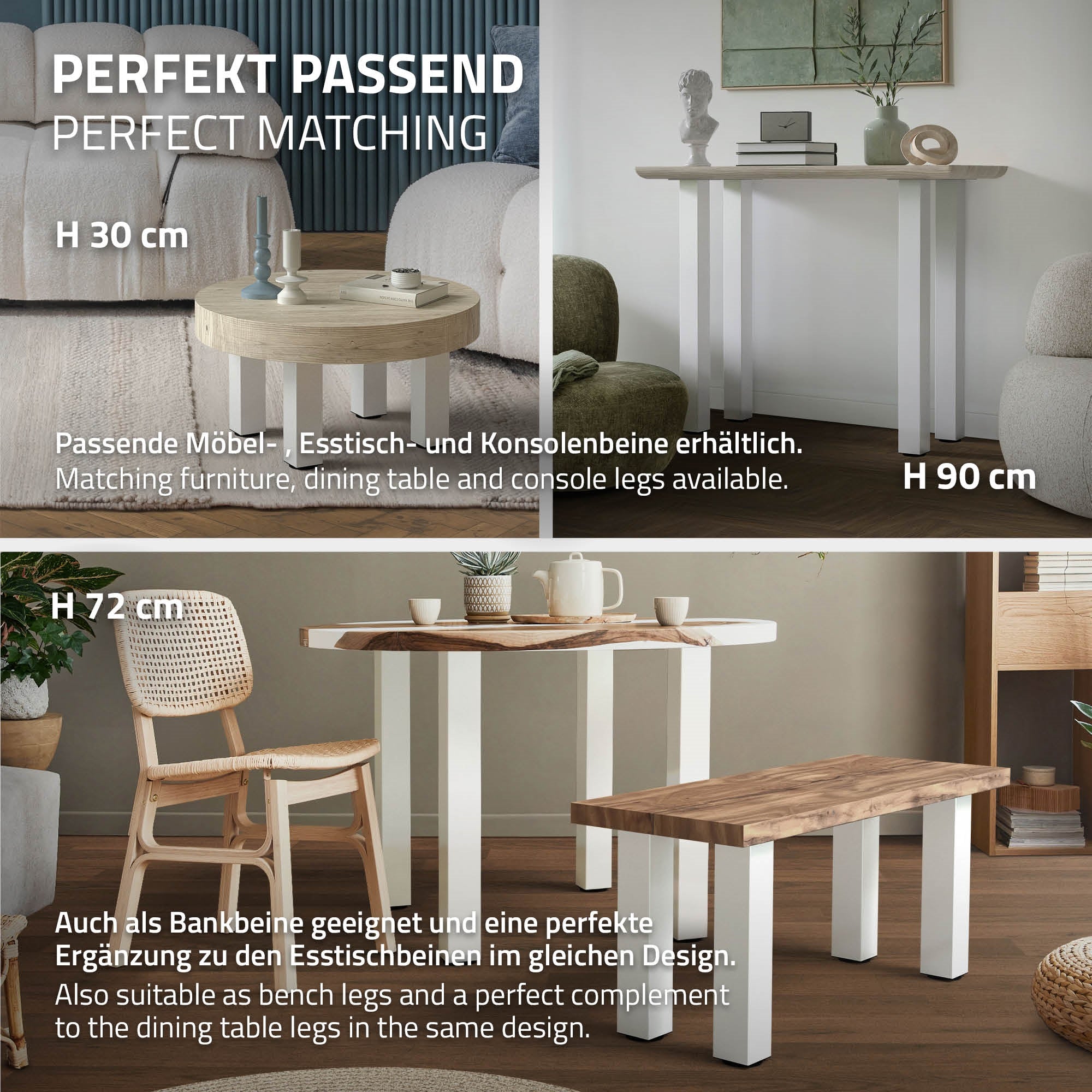 Two tables with different heights and matching table legs.