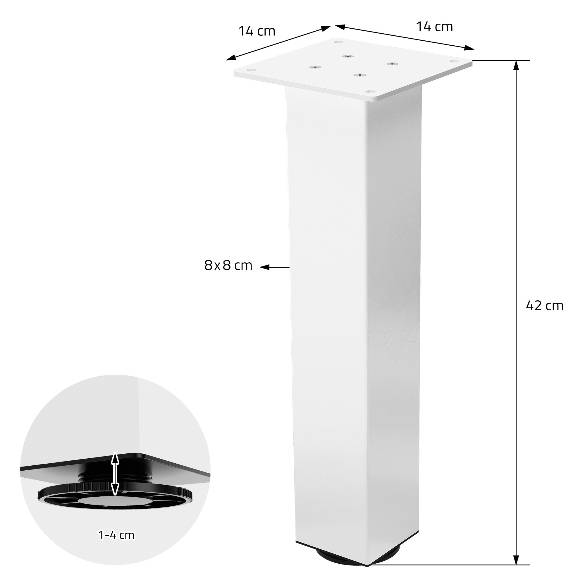 Technical drawing of a square table leg with dimensions and a detail view.