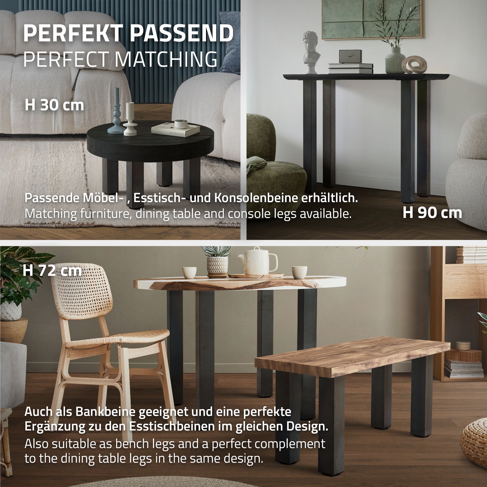 Zwei Tische mit verschiedenen Höhen und Designs, die passende Möbel zeigen.