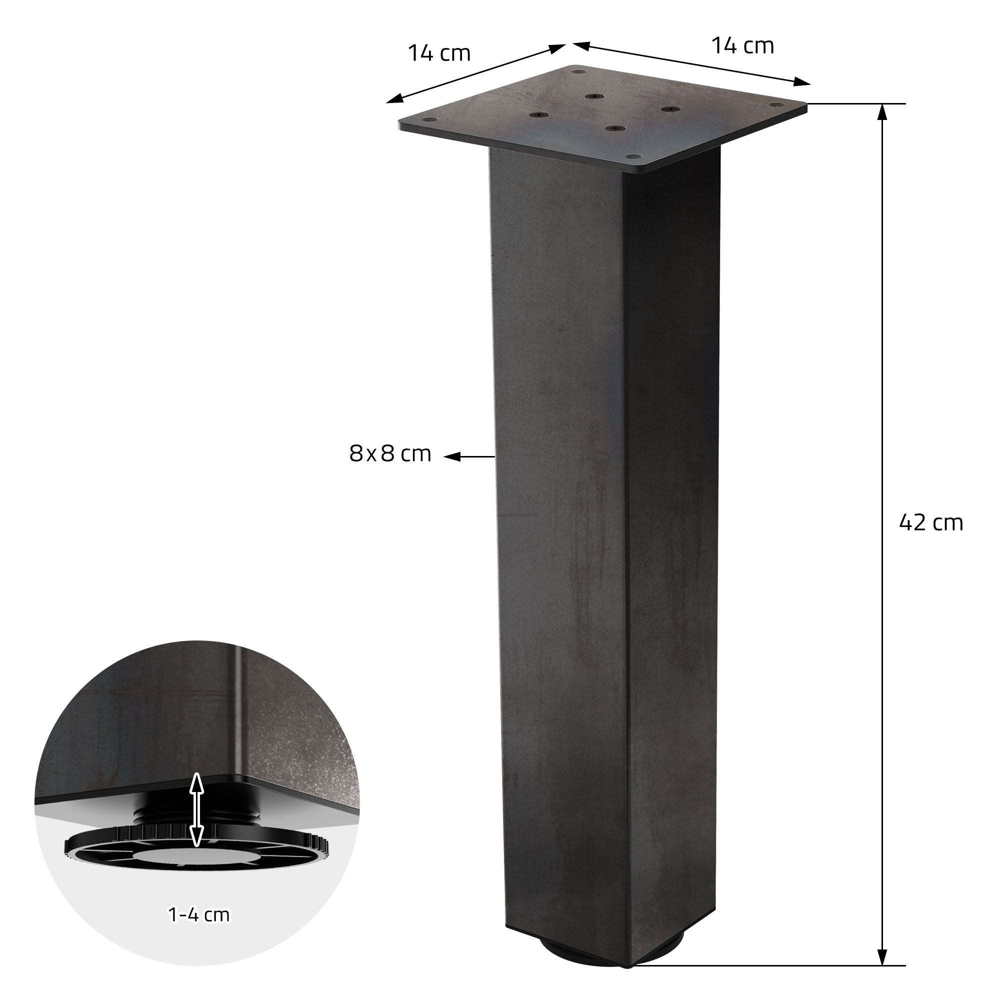 Pata de mesa negra con dimensiones y orificios de montaje.