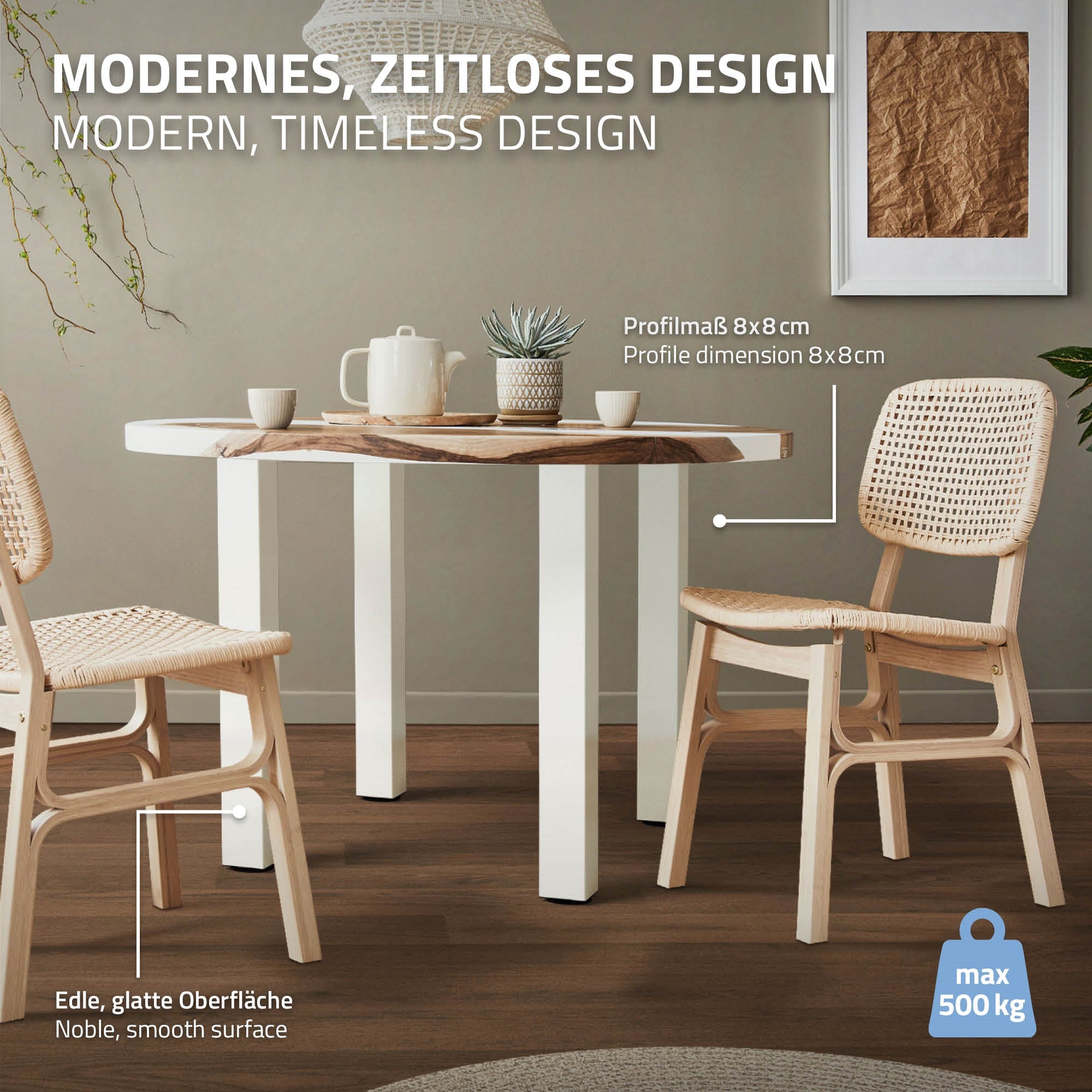 Comedor con mesa moderna, sillas y elementos decorativos.