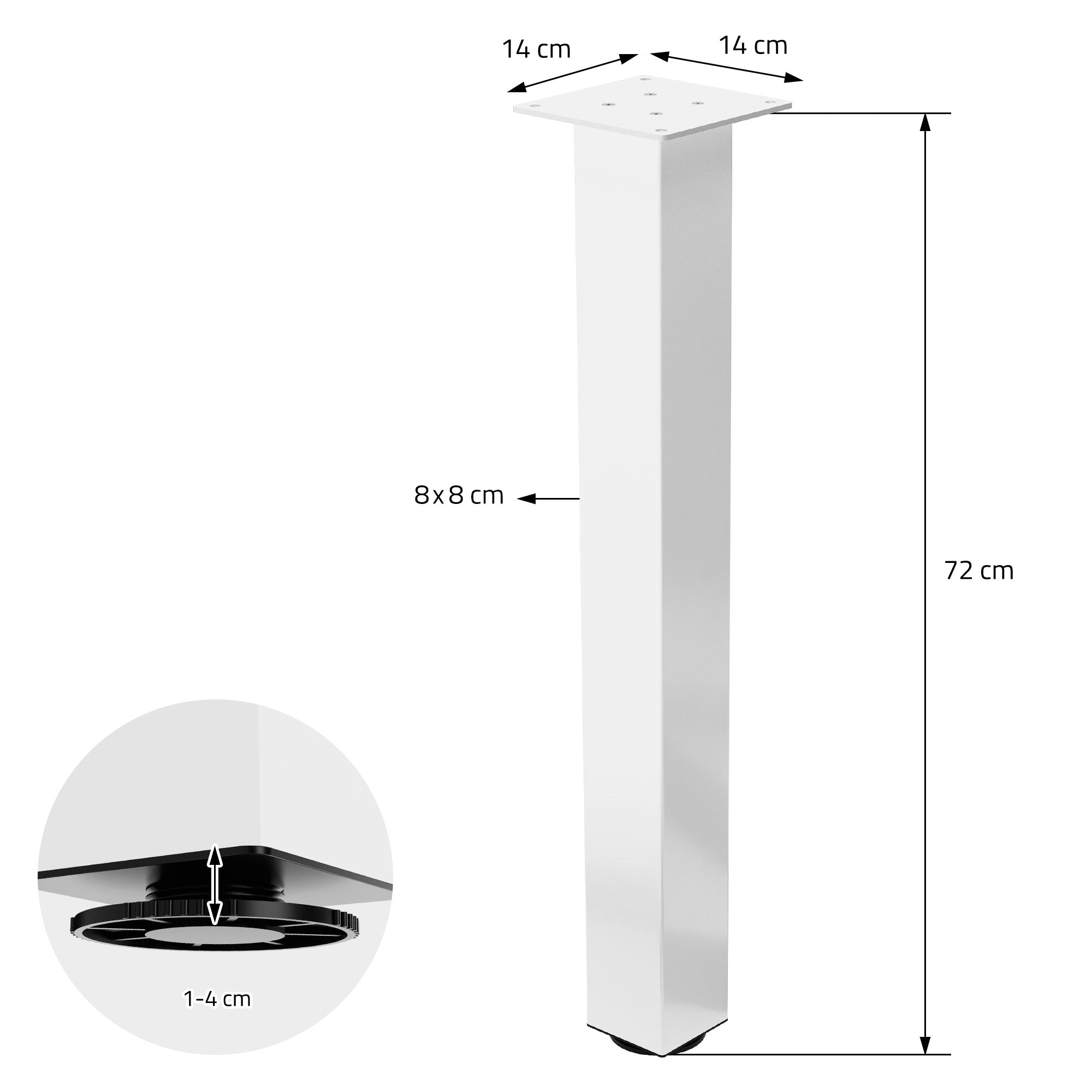 Pata de mesa blanca con medidas e instrucciones de montaje.