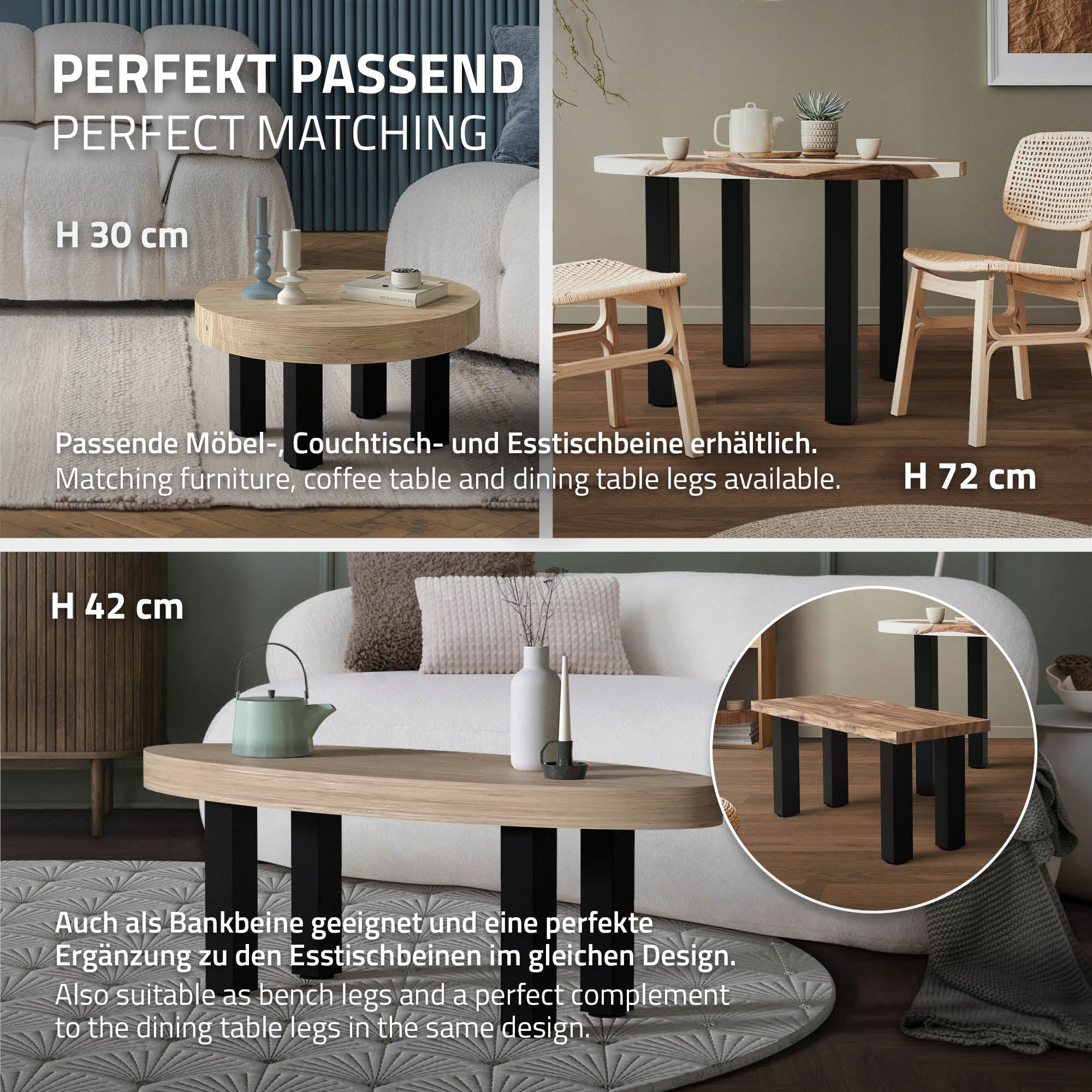 Due tavoli a diverse altezze, adatti a gambe del tavolo con lo stesso design.