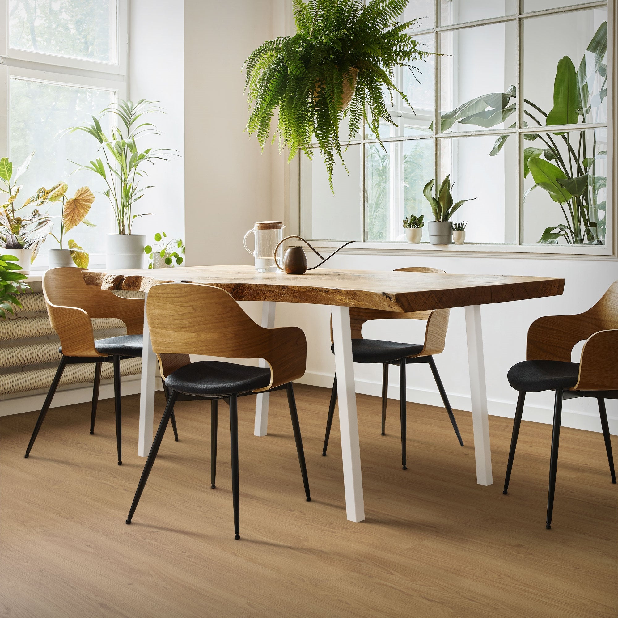 Un'area pranzo con un tavolo di legno e diverse sedie, circondata da piante.