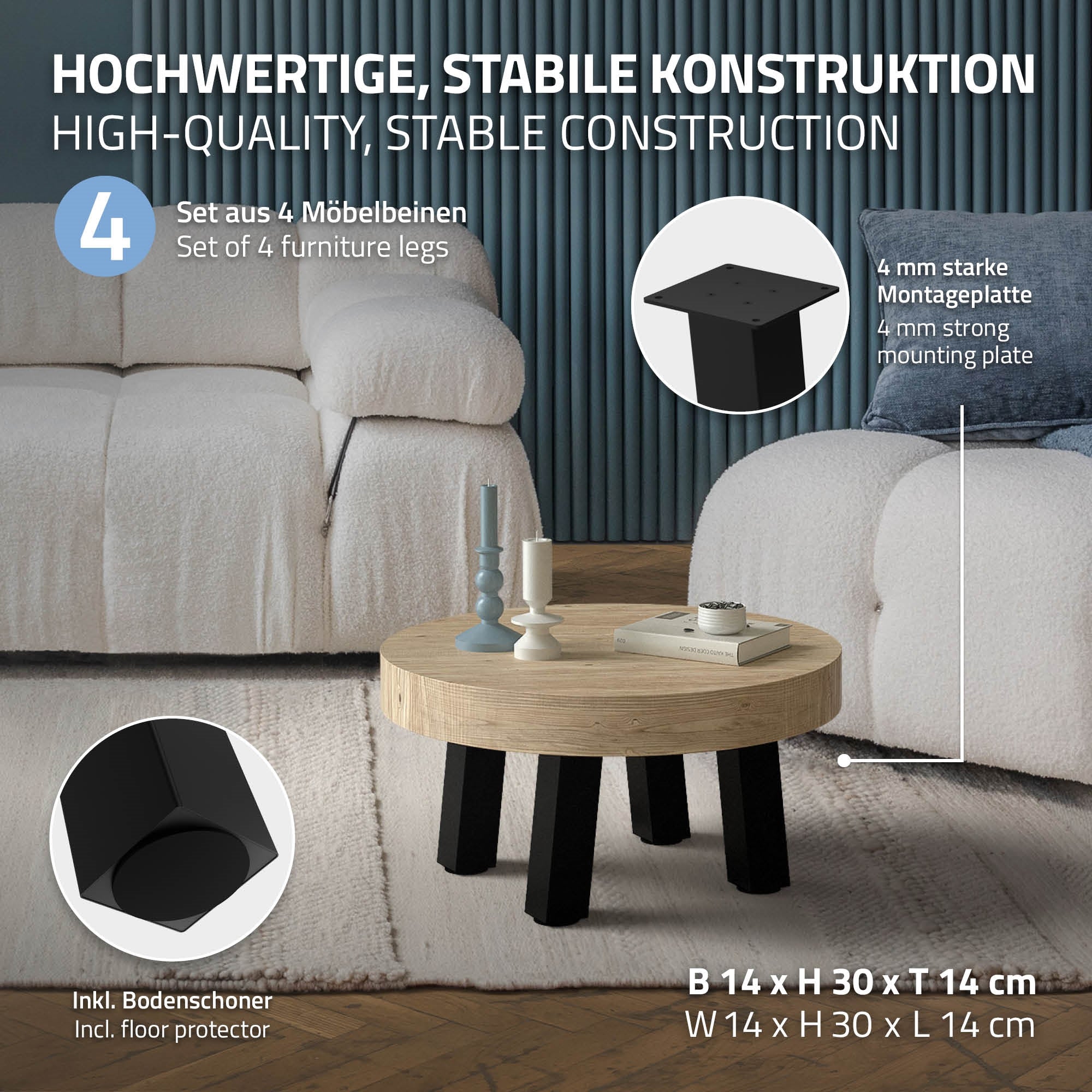 Ein Couchtisch mit vier stabilen Möbelbeinen und einer runden Holzplatte.