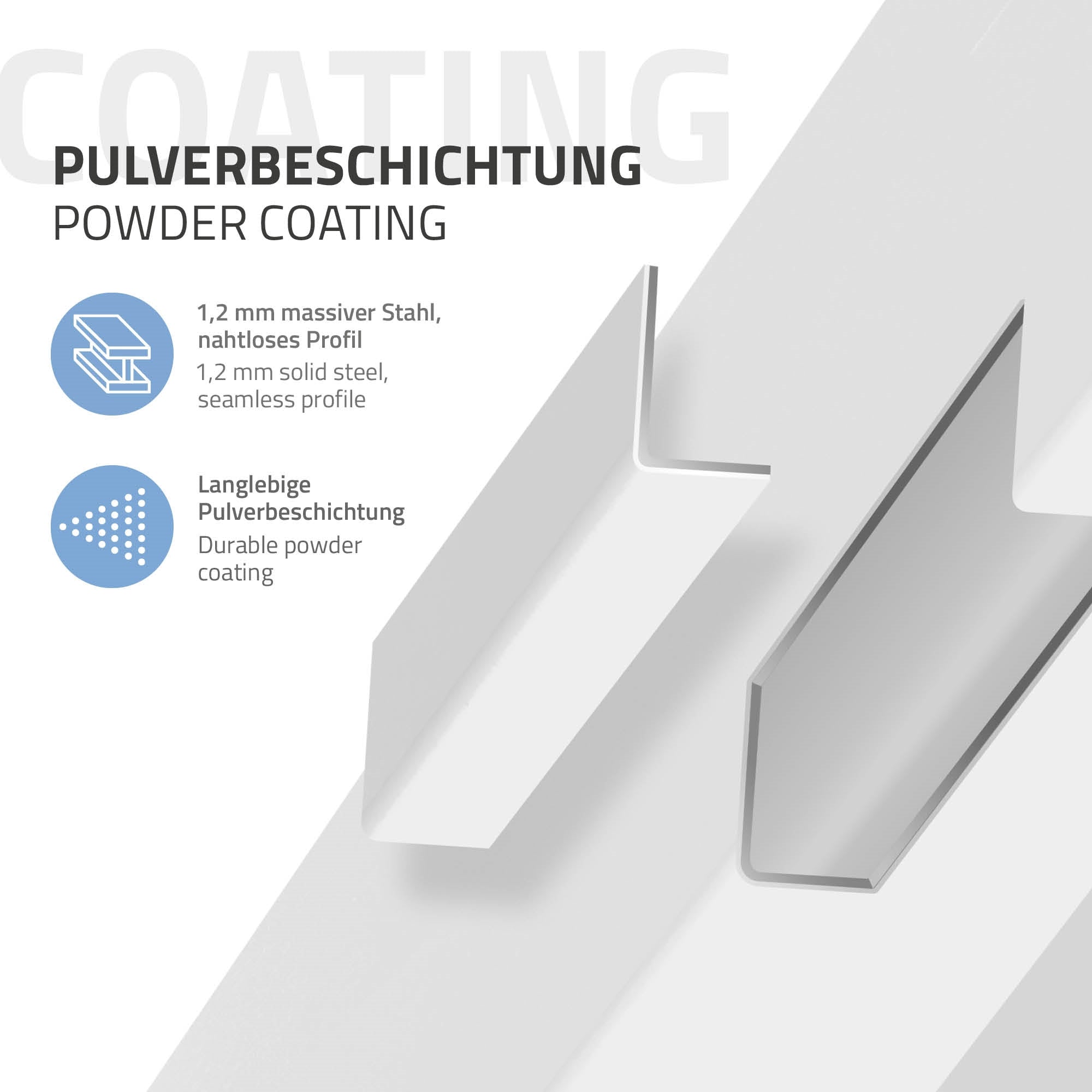 Grafik mit zwei Profilen aus Stahl und Beschreibung der Pulverbeschichtung.