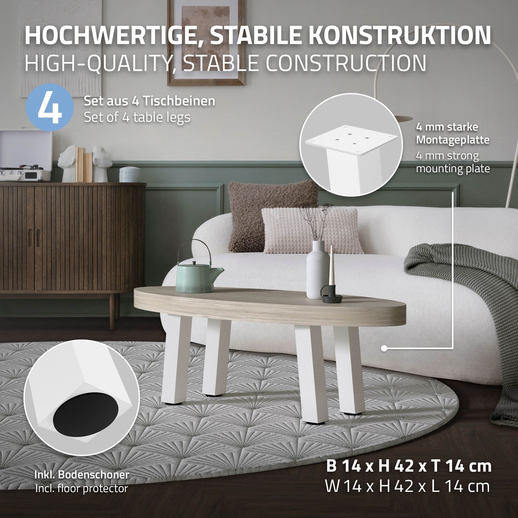 Grafik mit stabiler Konstruktion von Tischbeinen und Montageinformationen.