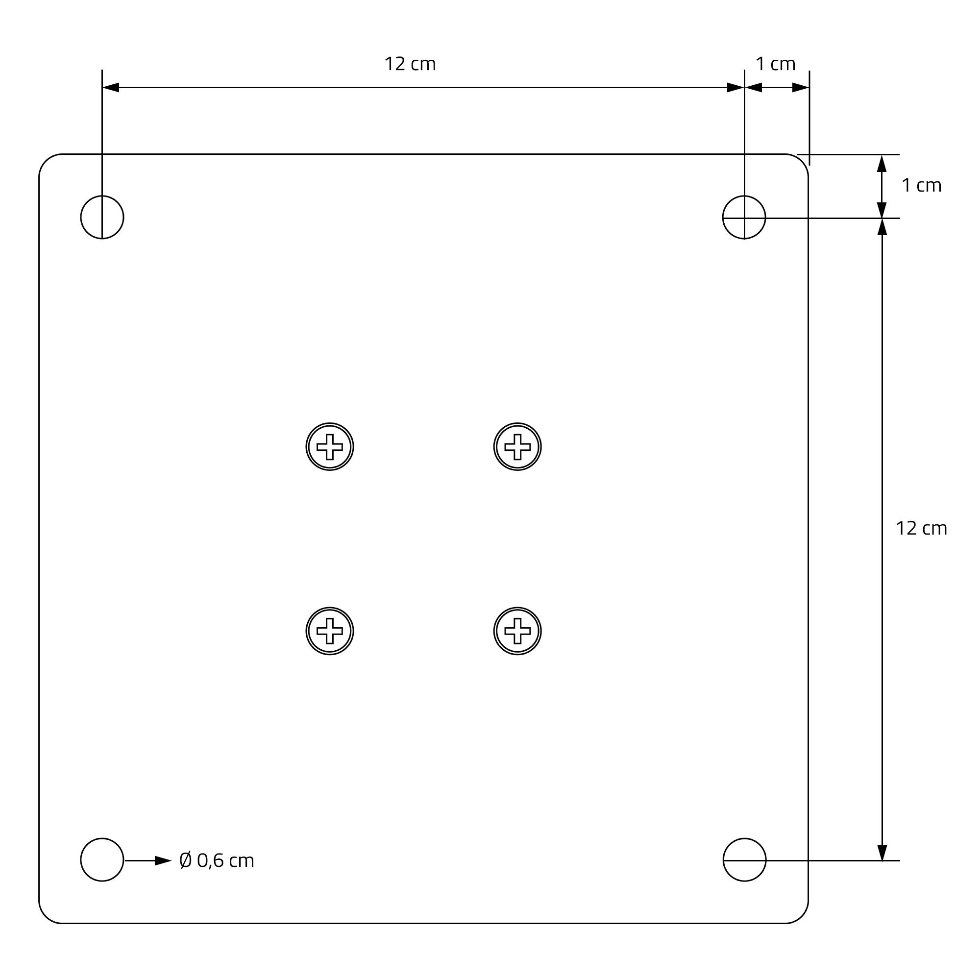 Eine technische Zeichnung mit Maßen und Bohrlöchern für ein quadratisches Teil.