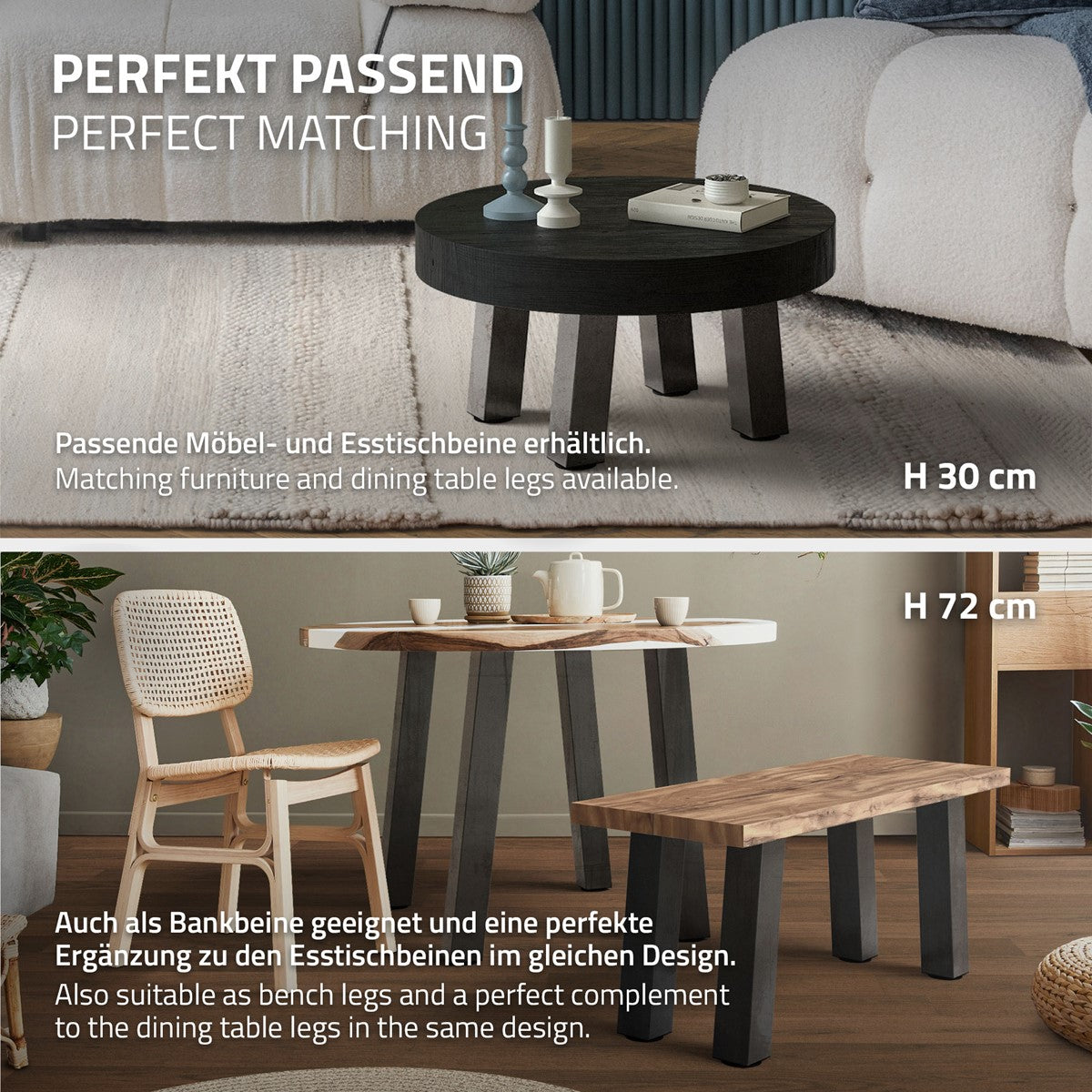 Ein runder Tisch mit Holzplatte und schwarzen Beinen, im Wohnzimmer.