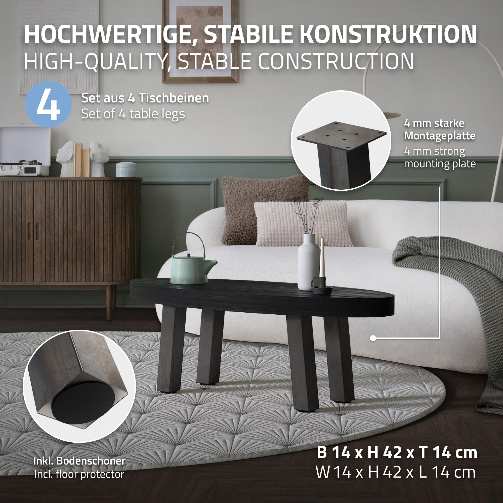 Tafel met stevige benen en montageplaat op een tapijt.