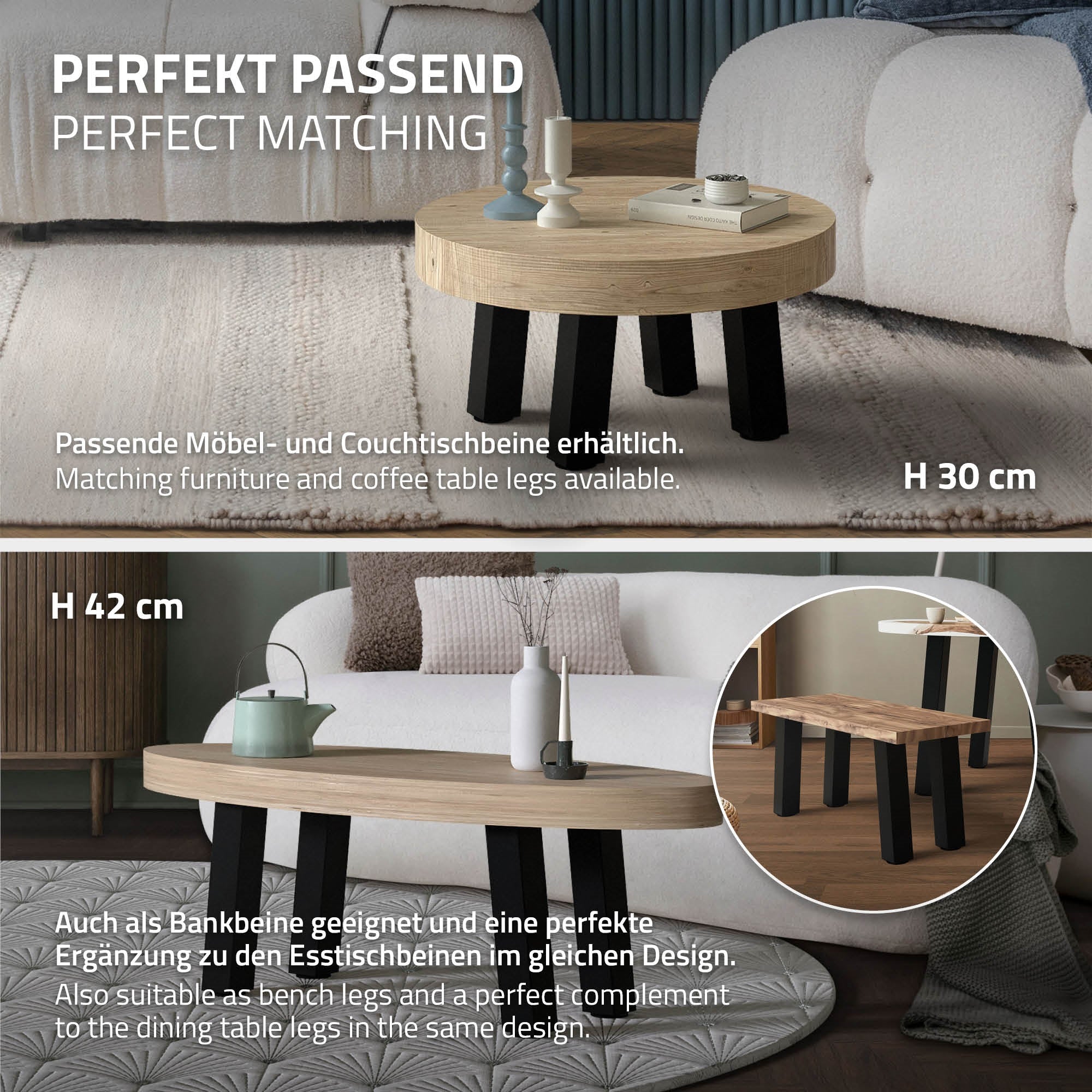 Une table basse ronde avec un plateau en bois et des pieds noirs, sur un tapis.