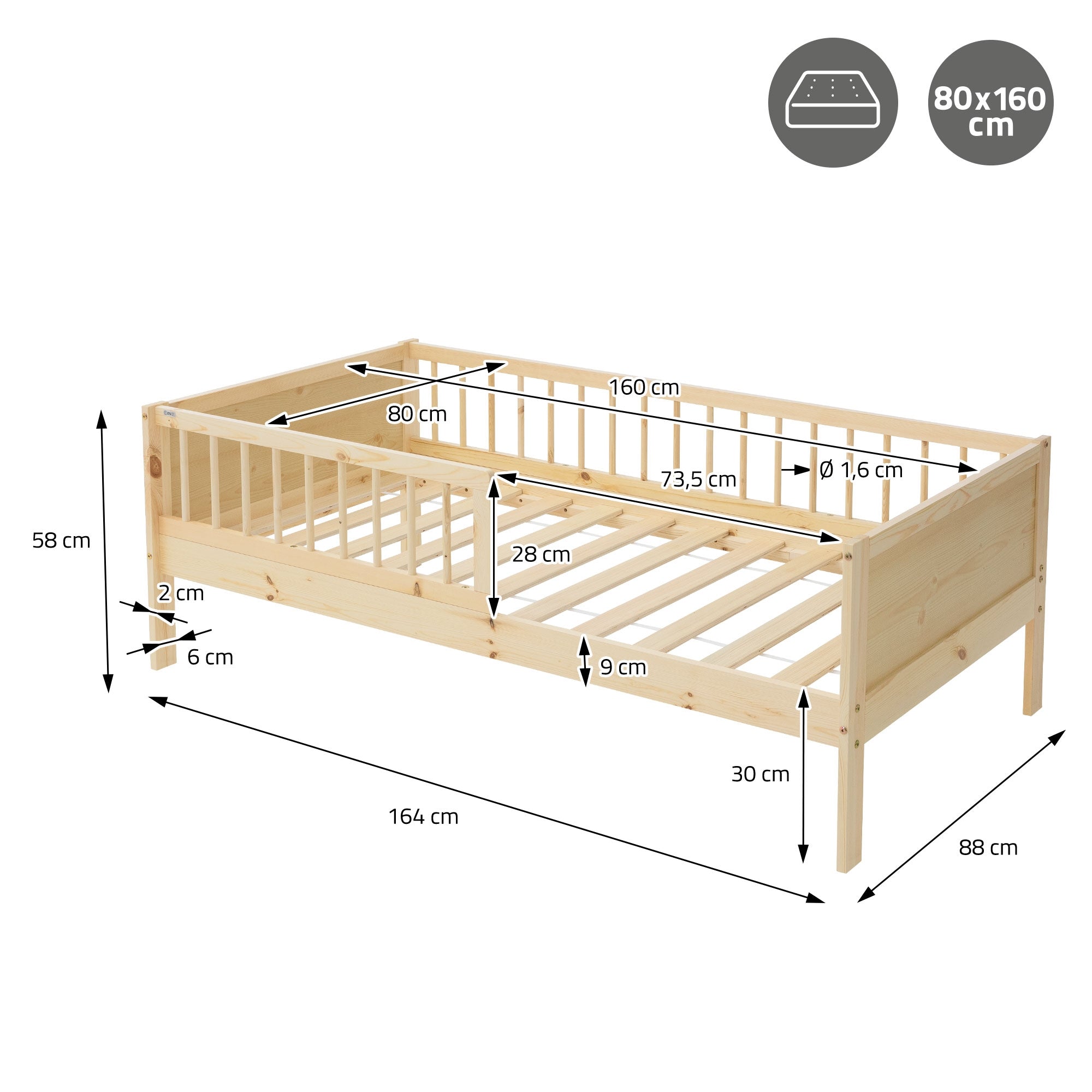 Maatschets voor een bed, 80x160 cm, met afmetingen.