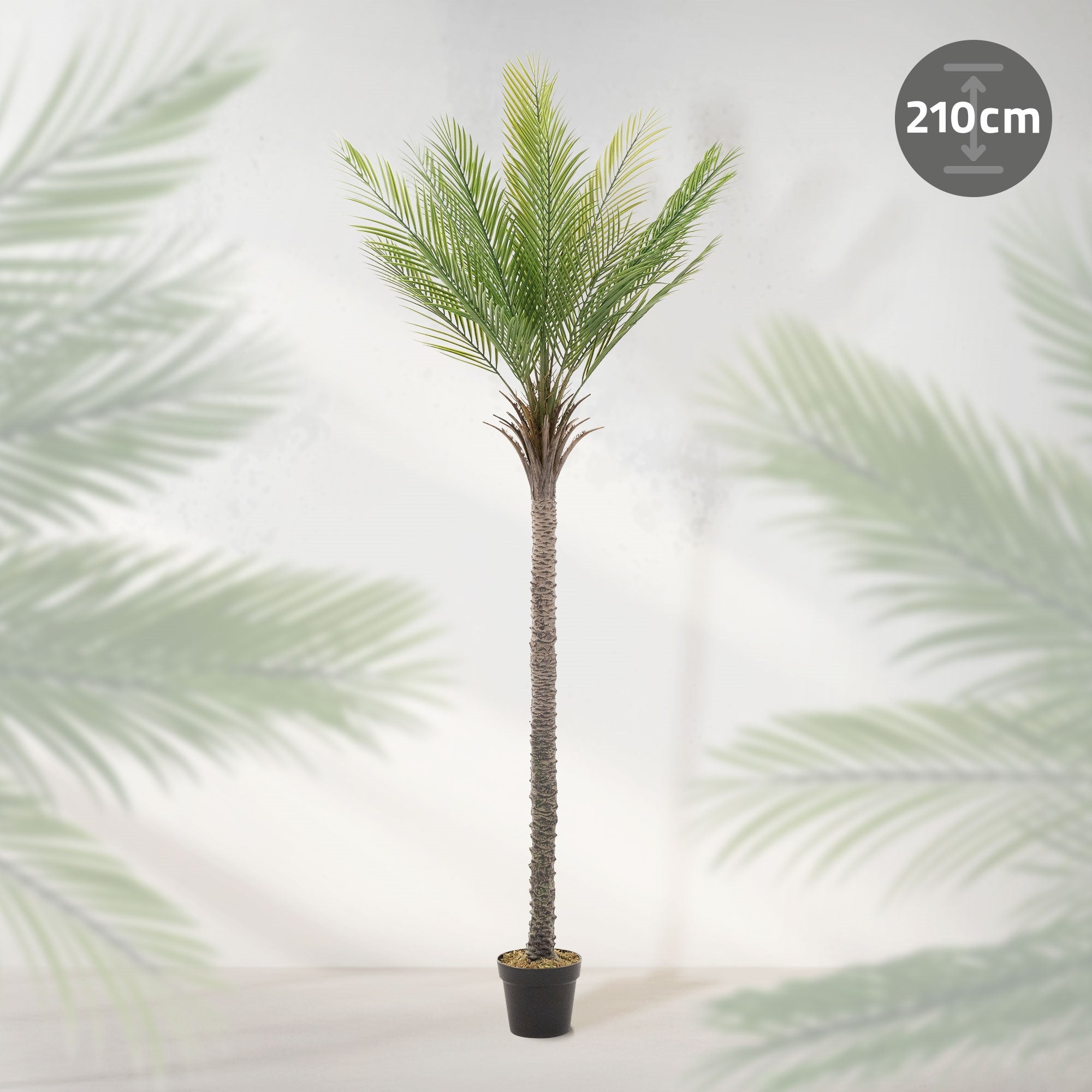 Albero artificiale palma in un vaso nero, altezza 210 cm.