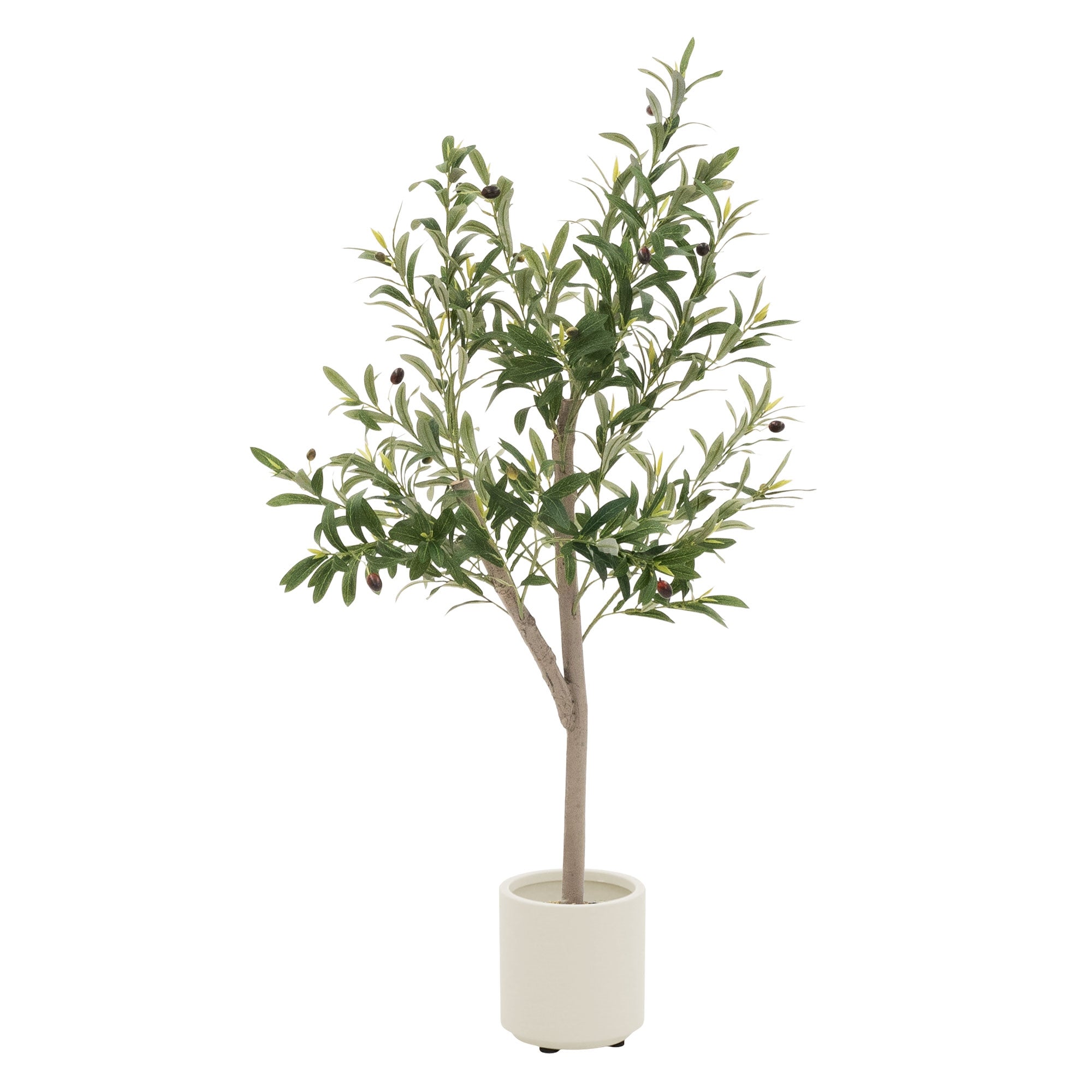 Künstlicher Olivenbaum in einem weißen Topf.