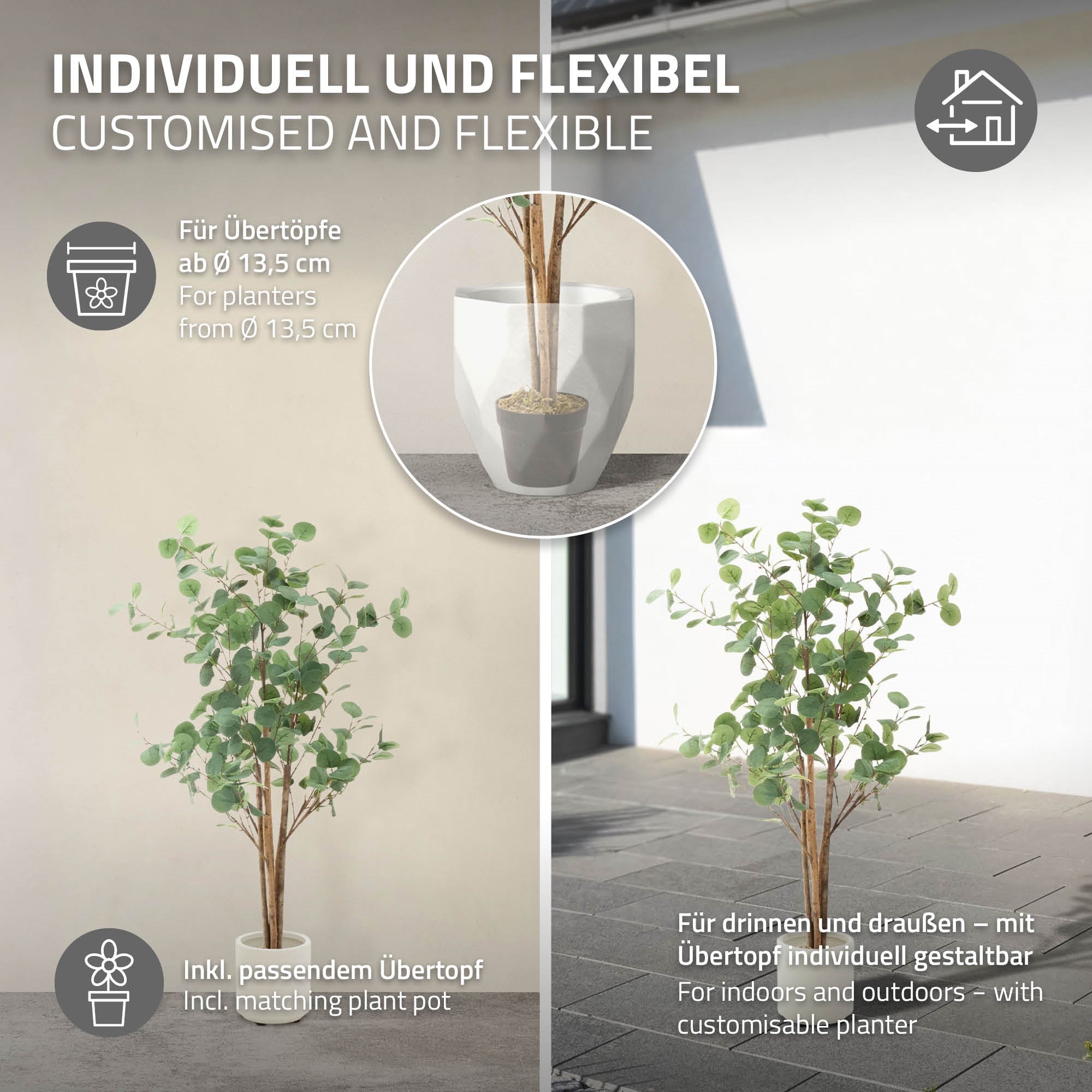 Grafik mit flexibler Gestaltung der Kunstpflanze für Innen- und Außenbereiche.