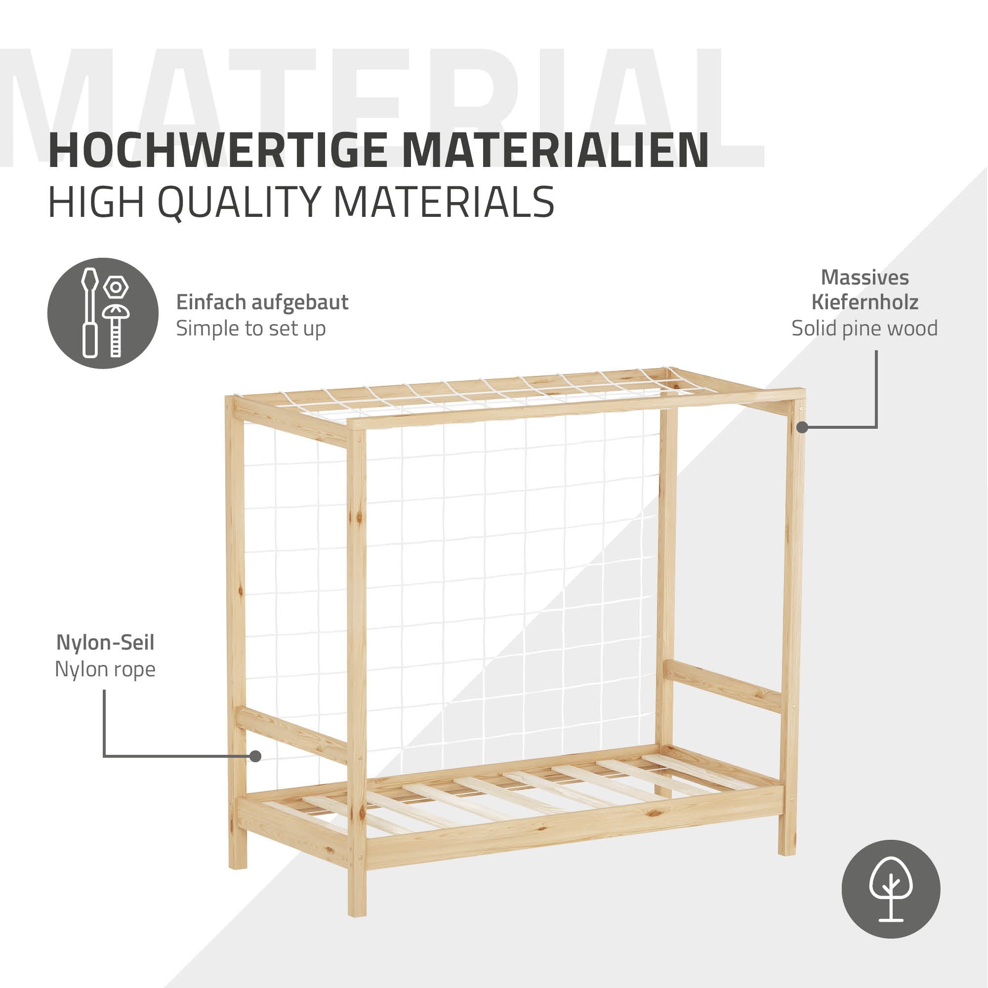 Wooden frame with nylon rope, easy to assemble.