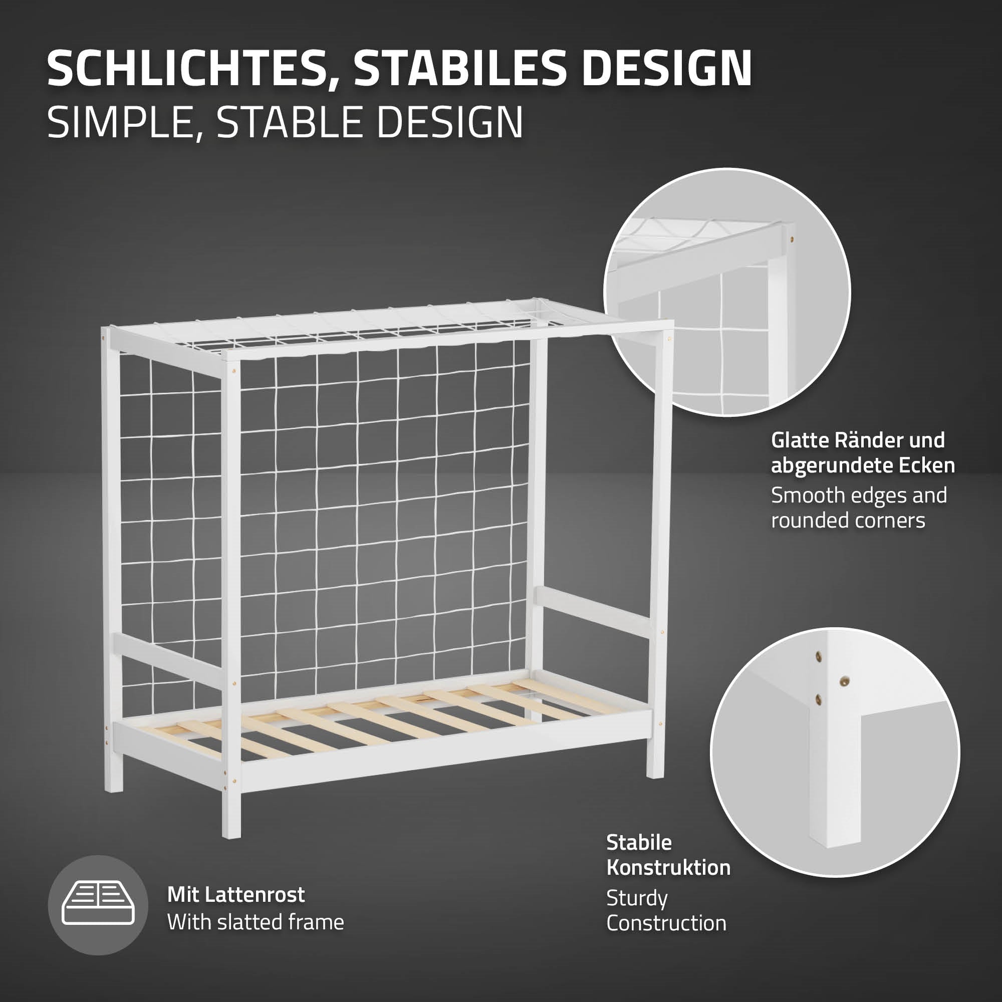 Illustration eines stabilen Bettes mit glatten Kanten und einem Lattenrost.