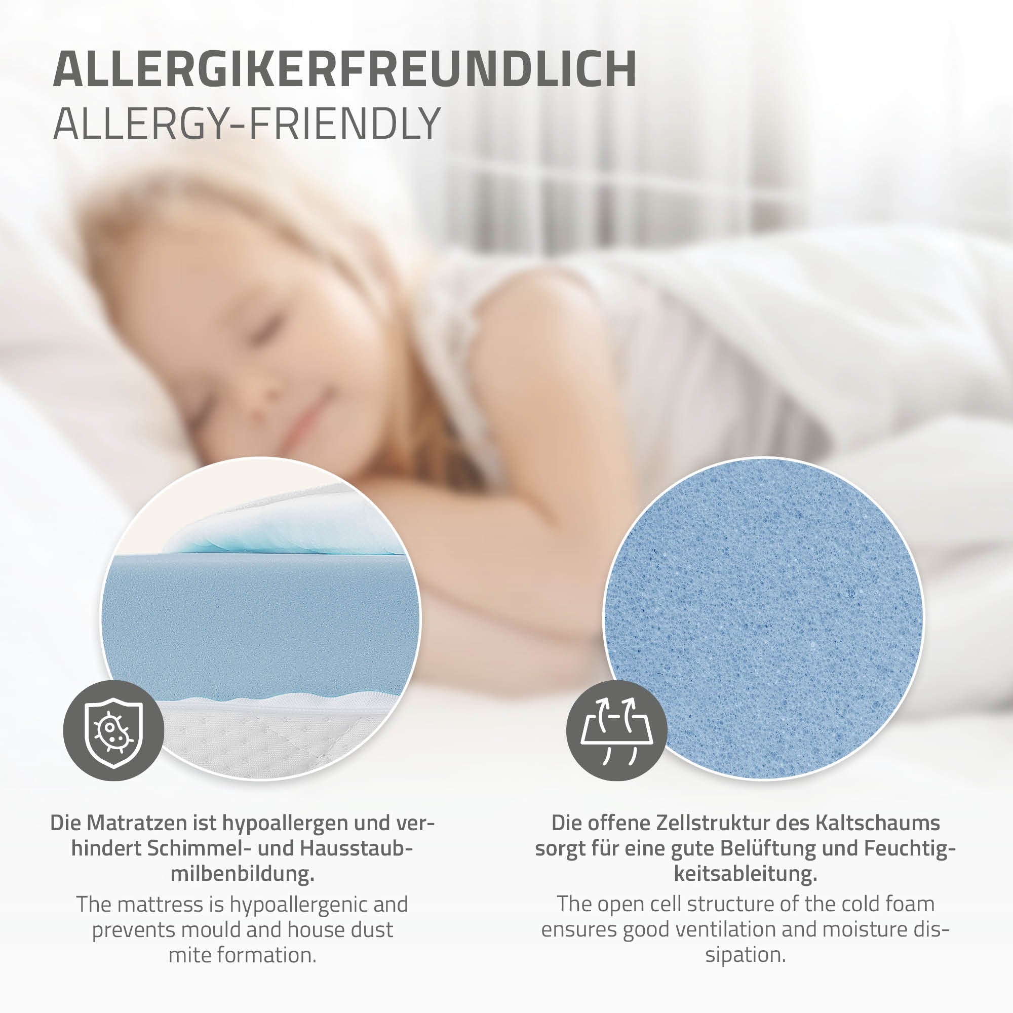 Nahaufnahme einer Matratze mit hypoallergenen Eigenschaften.