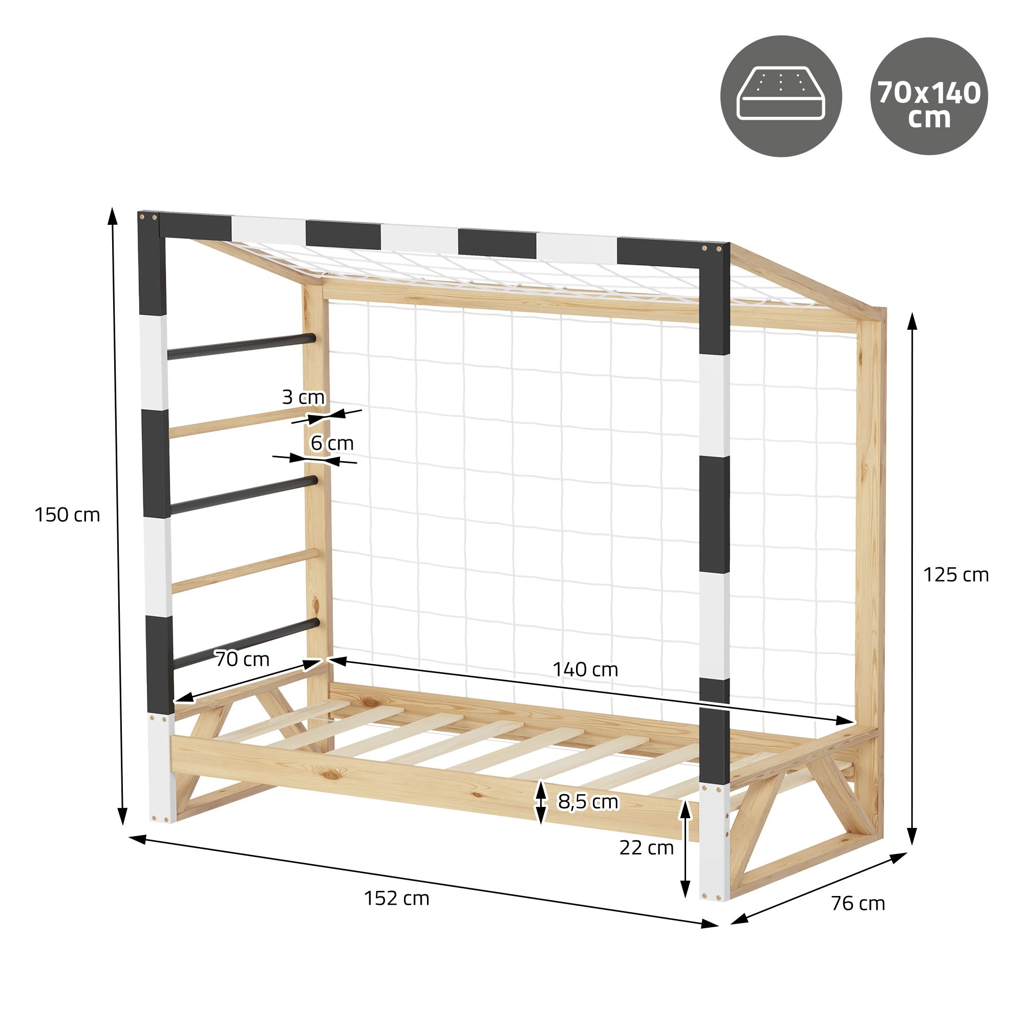 Sängyn puukehys mittoineen ja rakenteineen, 150 cm korkea, 152 cm leveä.