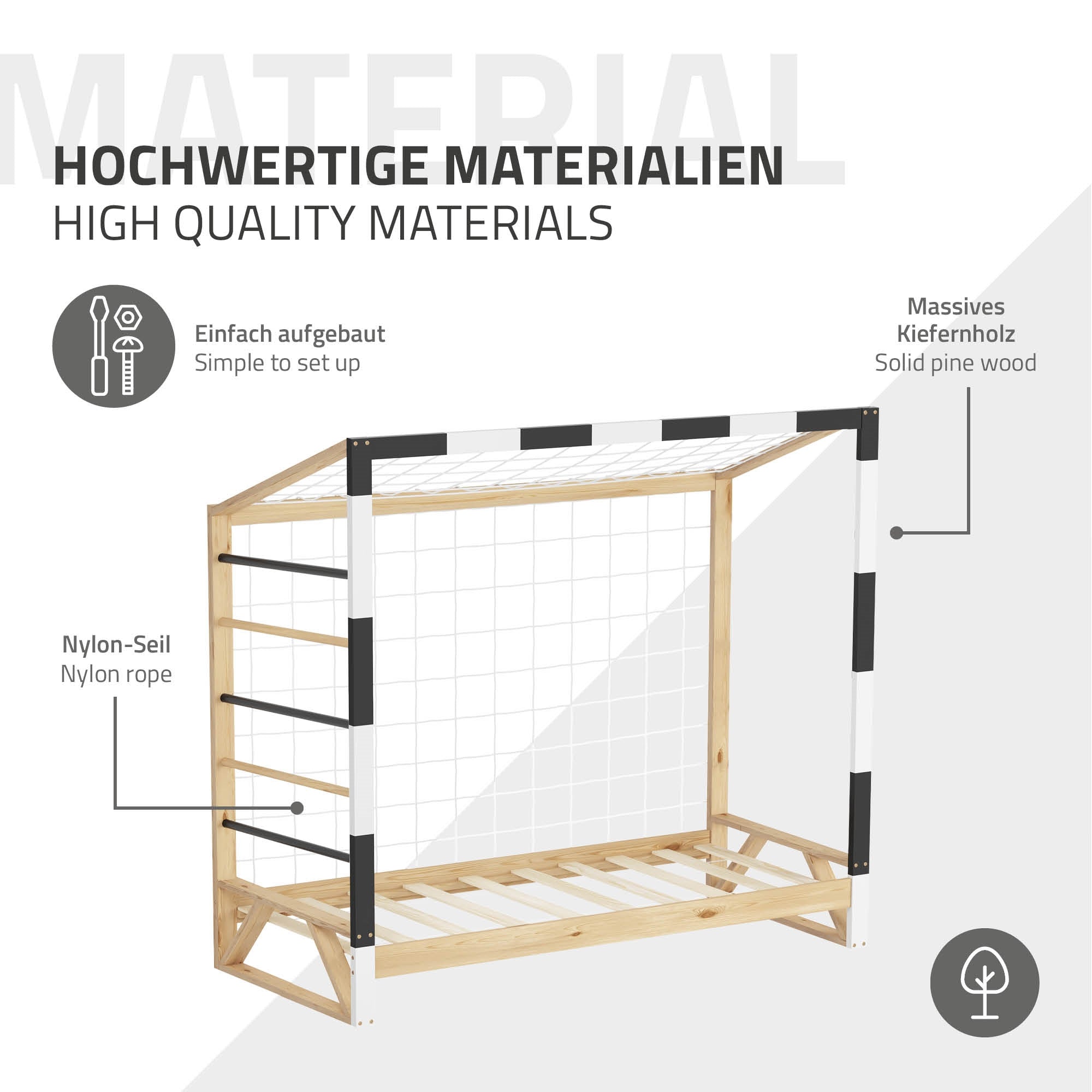 Gráfico con estructura de madera, materiales e instrucciones de montaje.