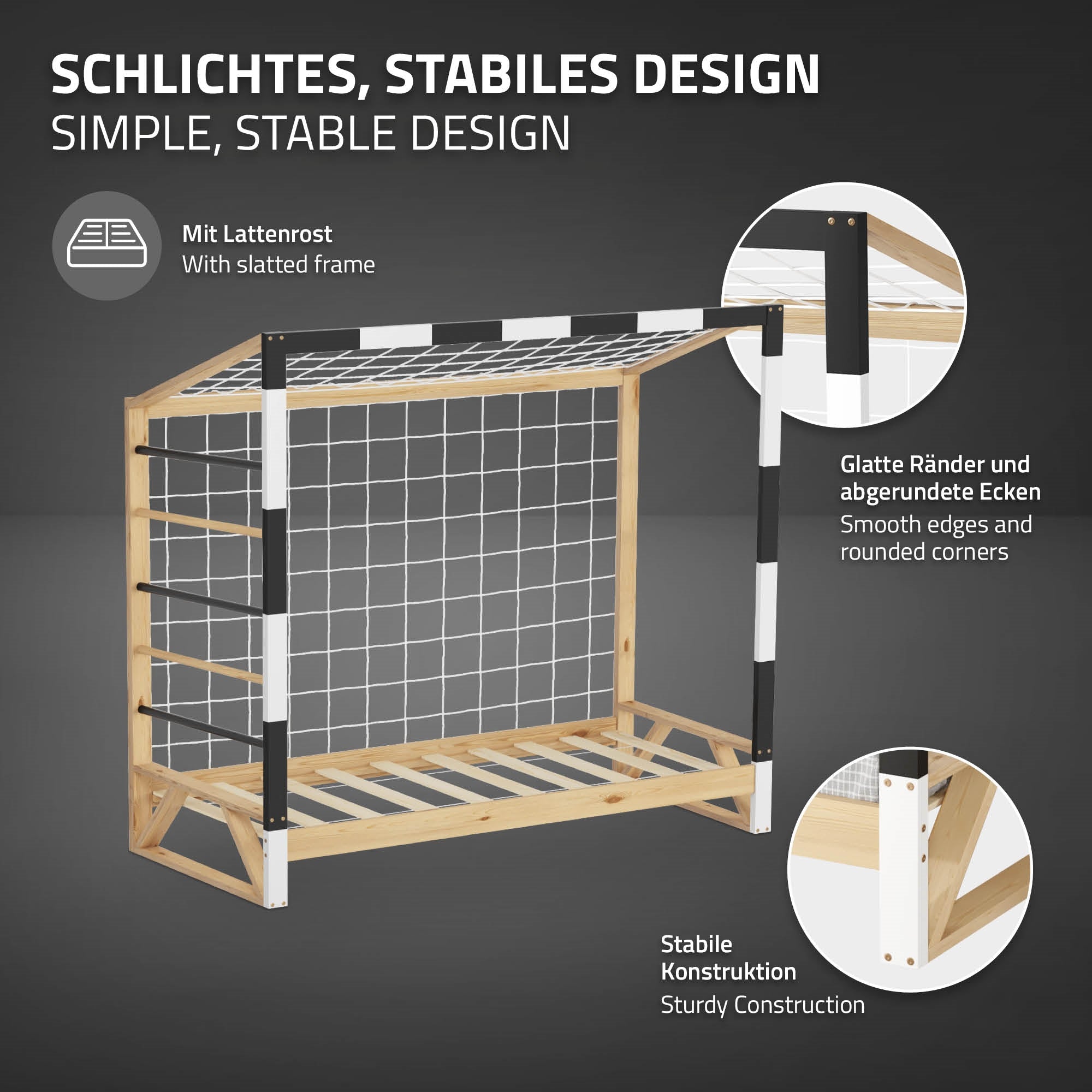 Holzgestell mit Lattenrost, stabiler Konstruktion und abgerundeten Ecken.