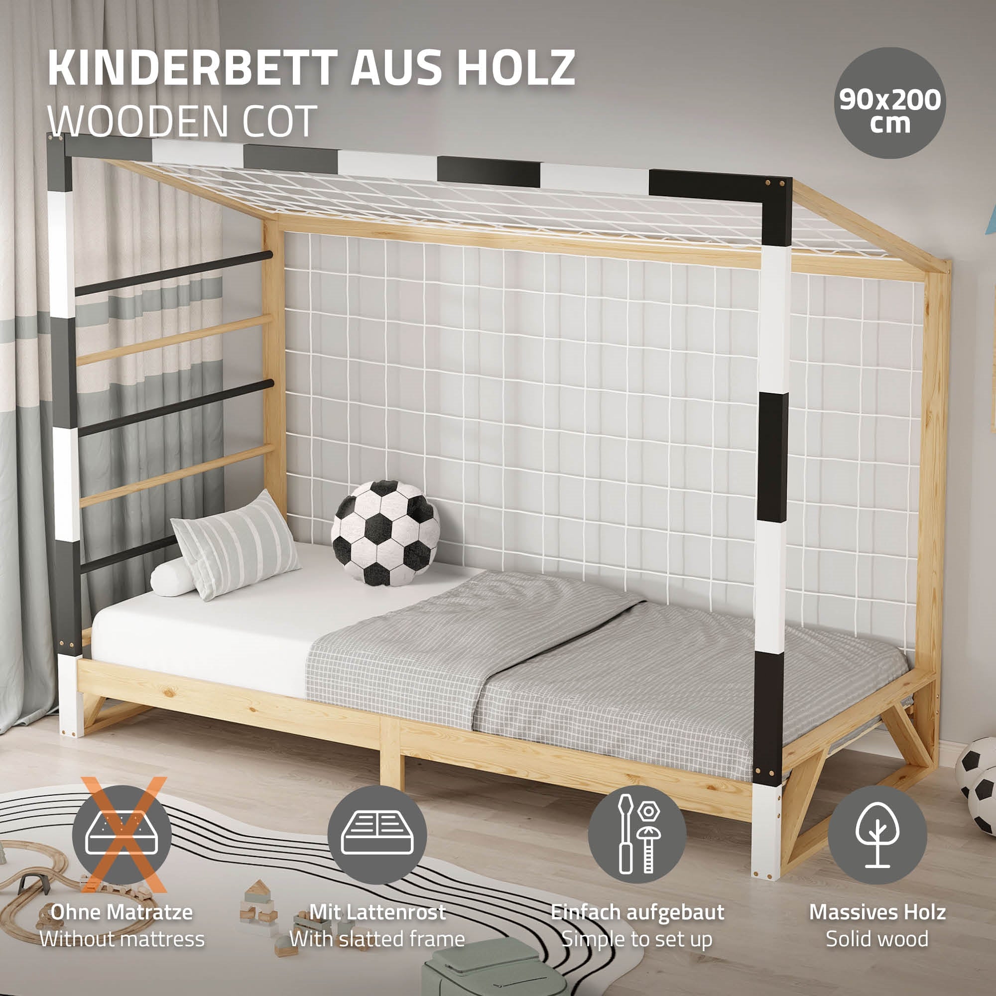 Holz-Kinderbett mit slatted frame und ohne Matratze.