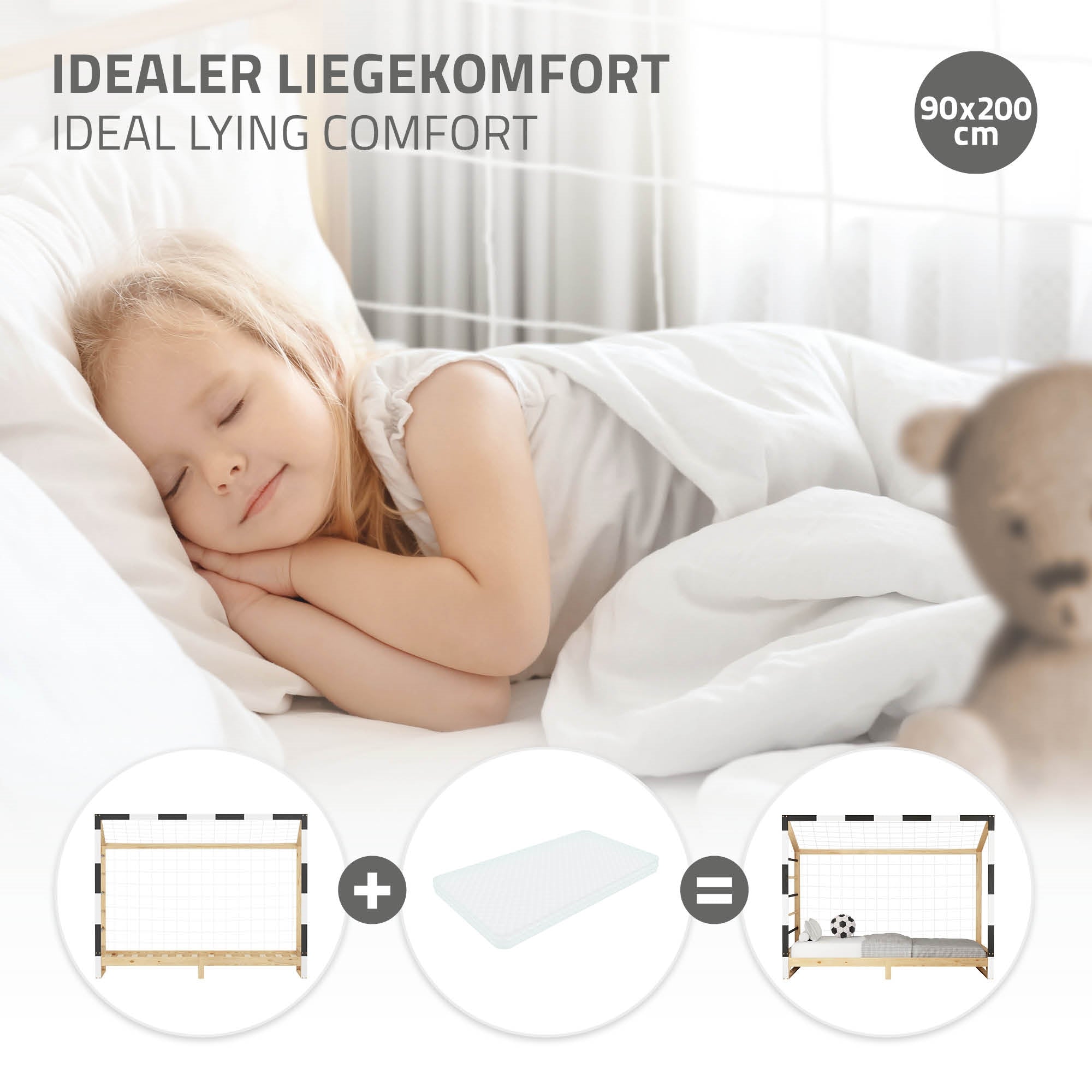 Ein schlafendes Kind auf einem Bett mit einer Matratze und einem weißen Bettlaken