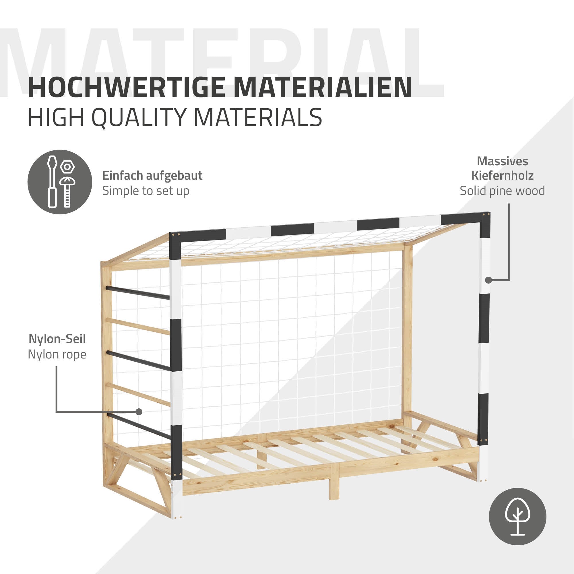 Eine grafische Darstellung von Materialien mit Holz und Nylon-Seil.