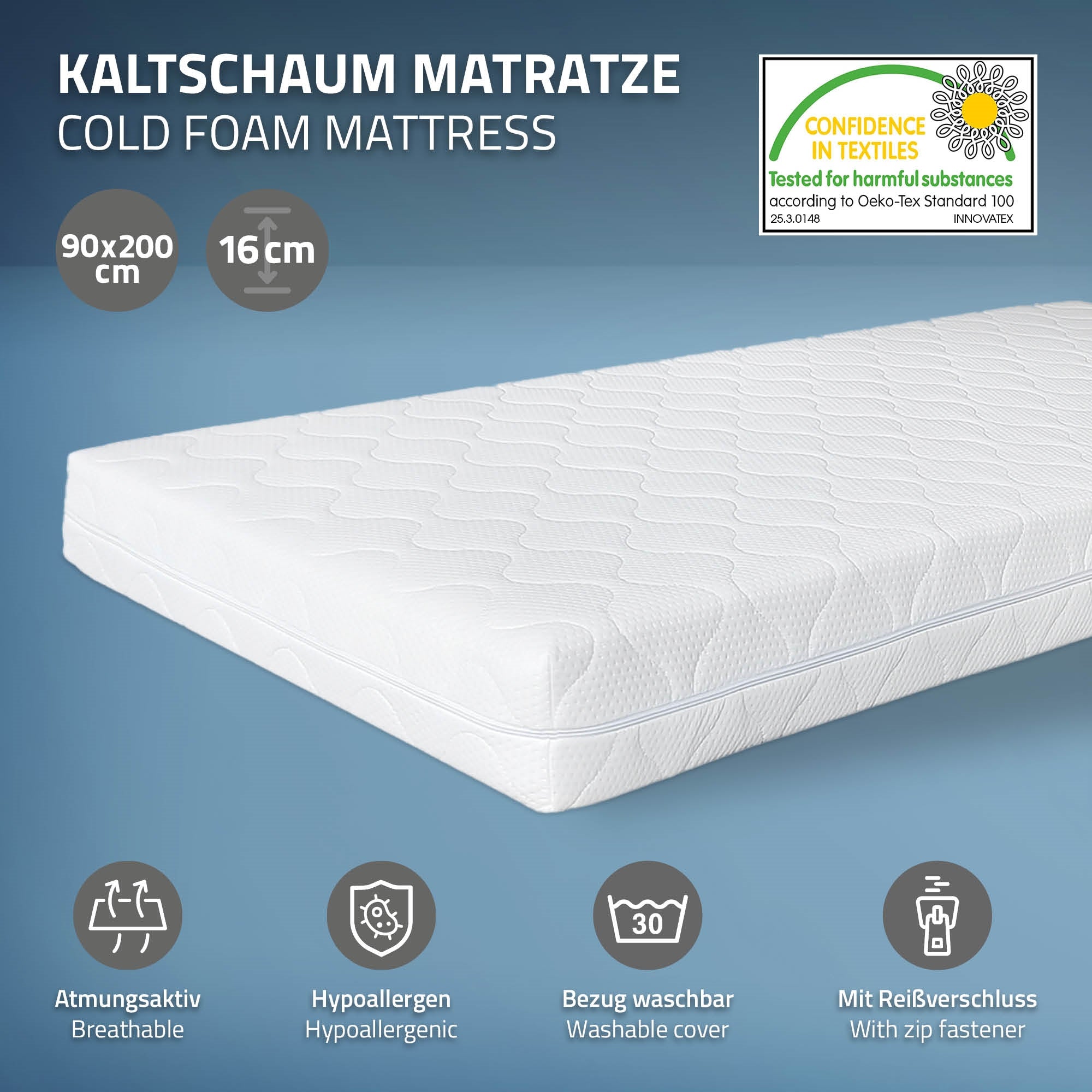 Kylmävaahtopatjan grafiikka mittoineen ja ominaisuuksineen.