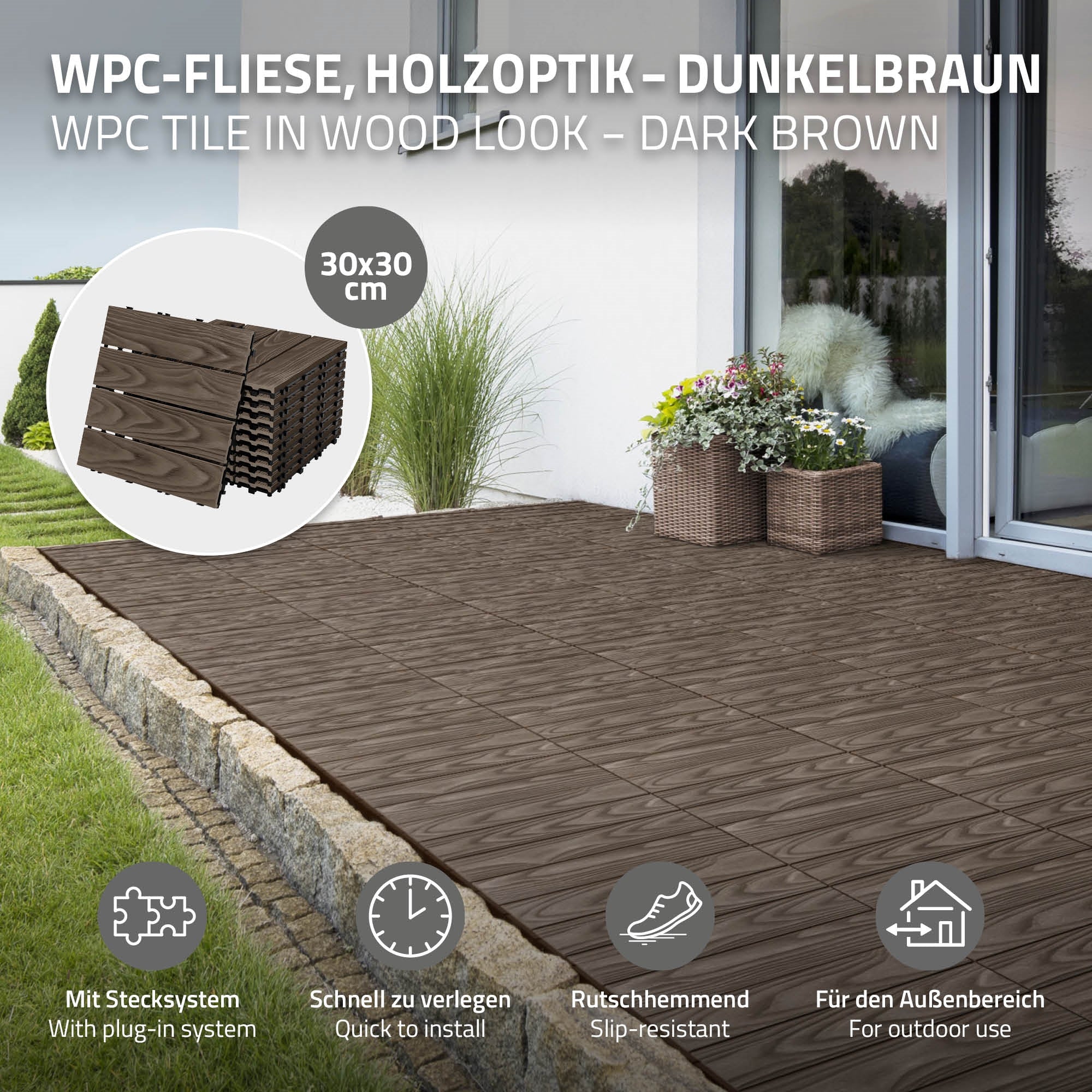 WPC dlaždice v dřevěném vzhledu, tmavě hnědé, s popisem produktu.