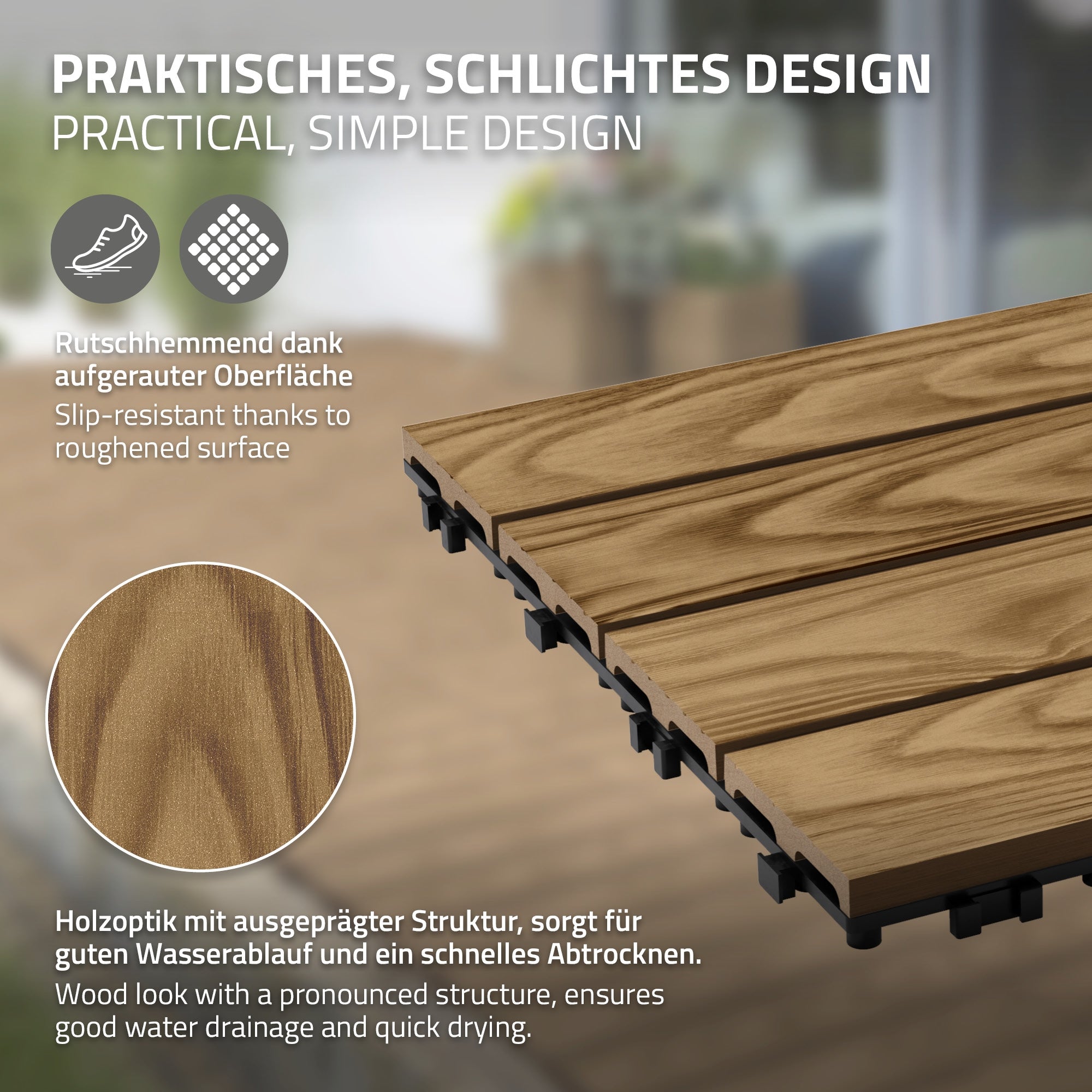 Houtlook met gestructureerd oppervlak, antislip en waterafstotend.
