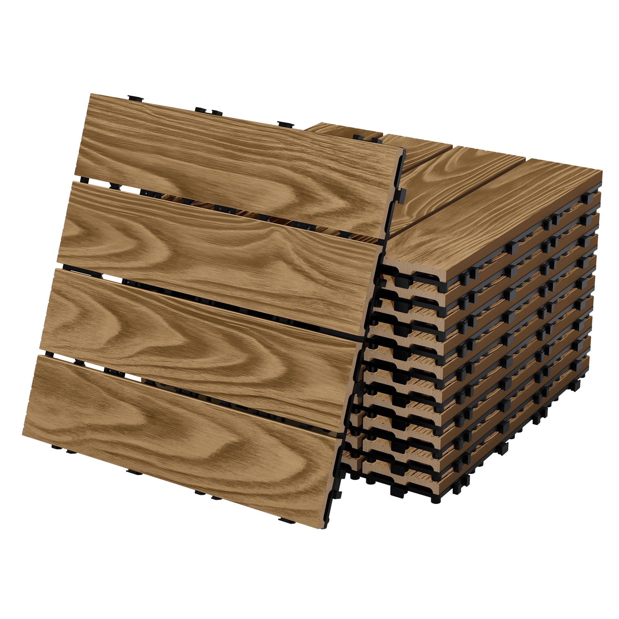 Hromada dřevěných desek se systémem klik pro podlahové krytiny.