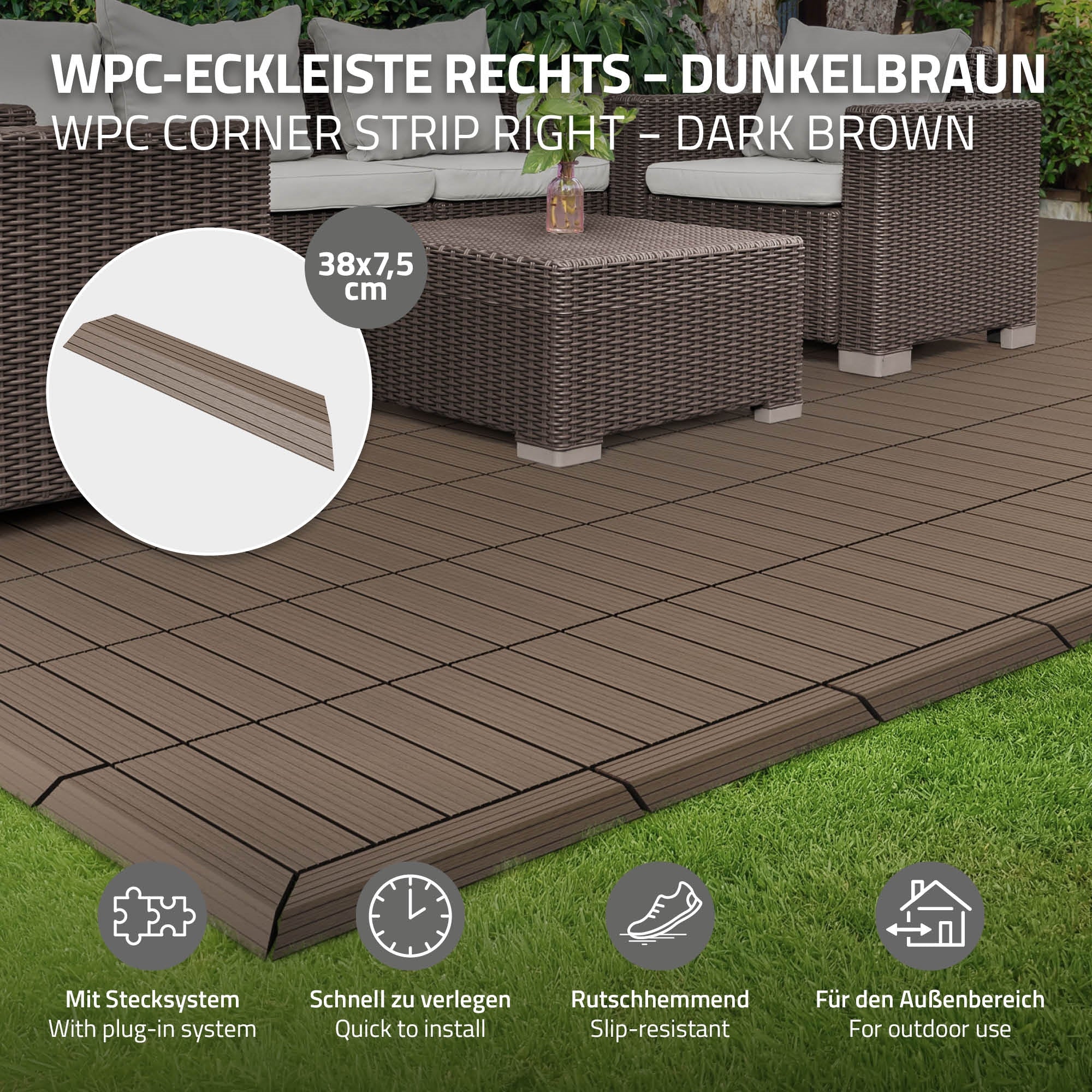 Dunkelbraune WPC-Eckleiste auf einem Bodenbelag aus WPC-Platten.
