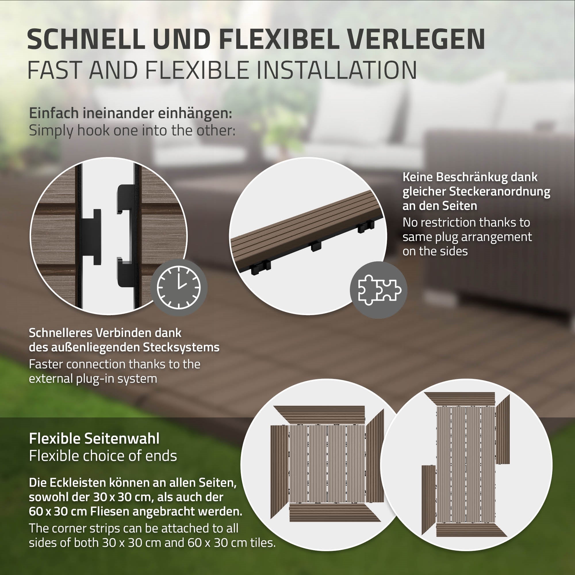 Anleitung zur flexiblen Verlegung von WPC-Leisten mit Diagramm.