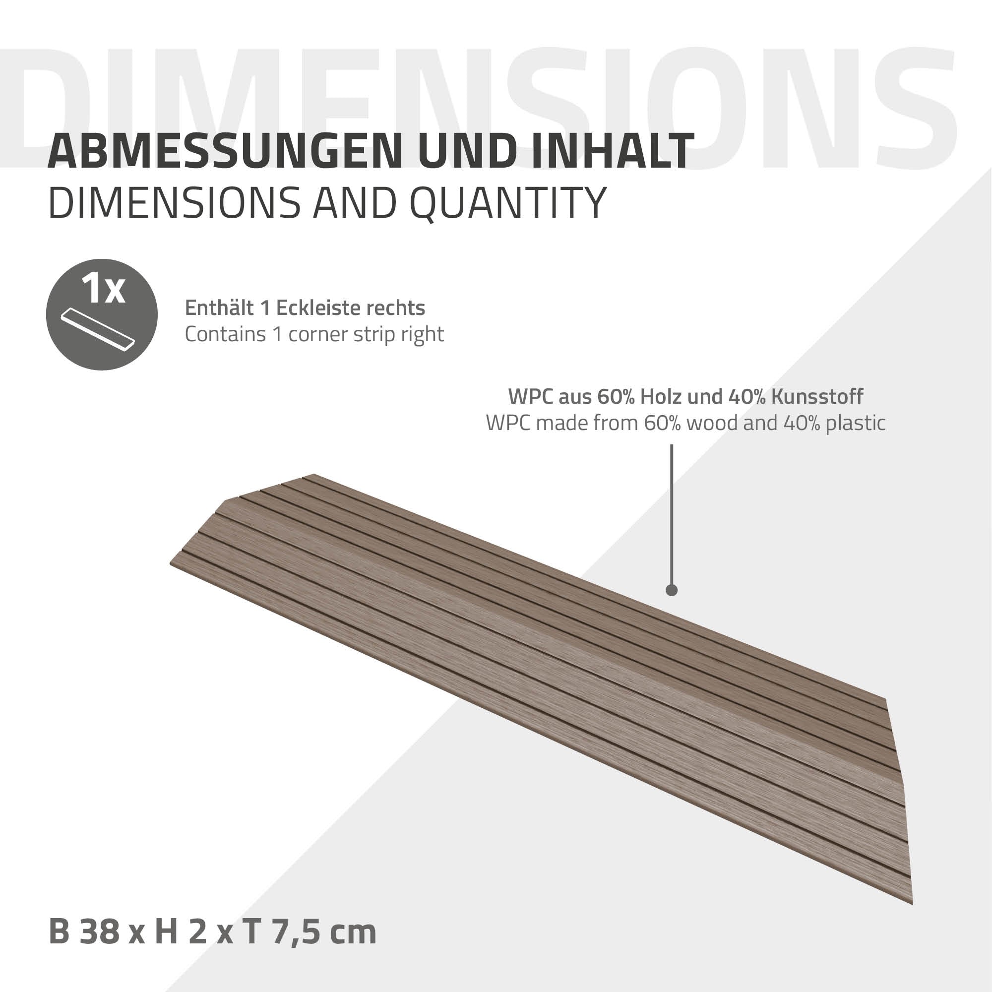 Abmessungen einer WPC-Eckleiste mit Holz- und Kunststoffanteil.