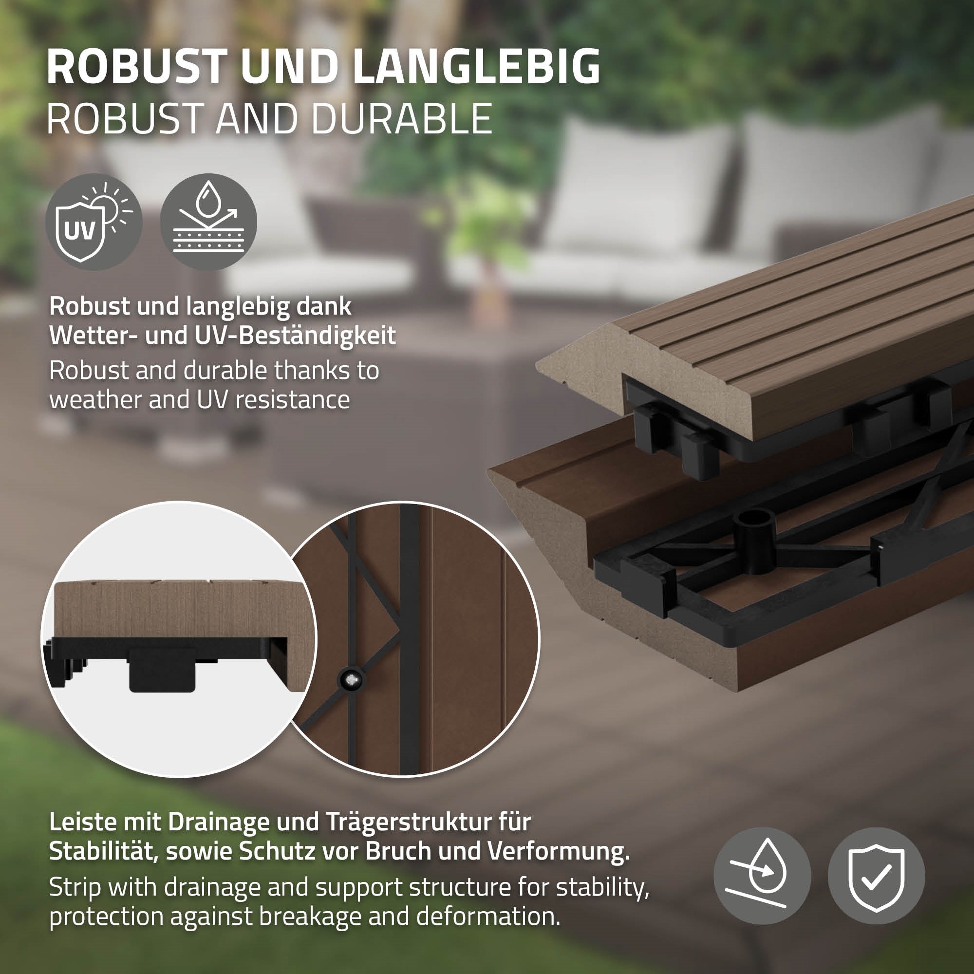 Detailansicht eines WPC-Bauteils mit Drainage- und Trägerstruktur.