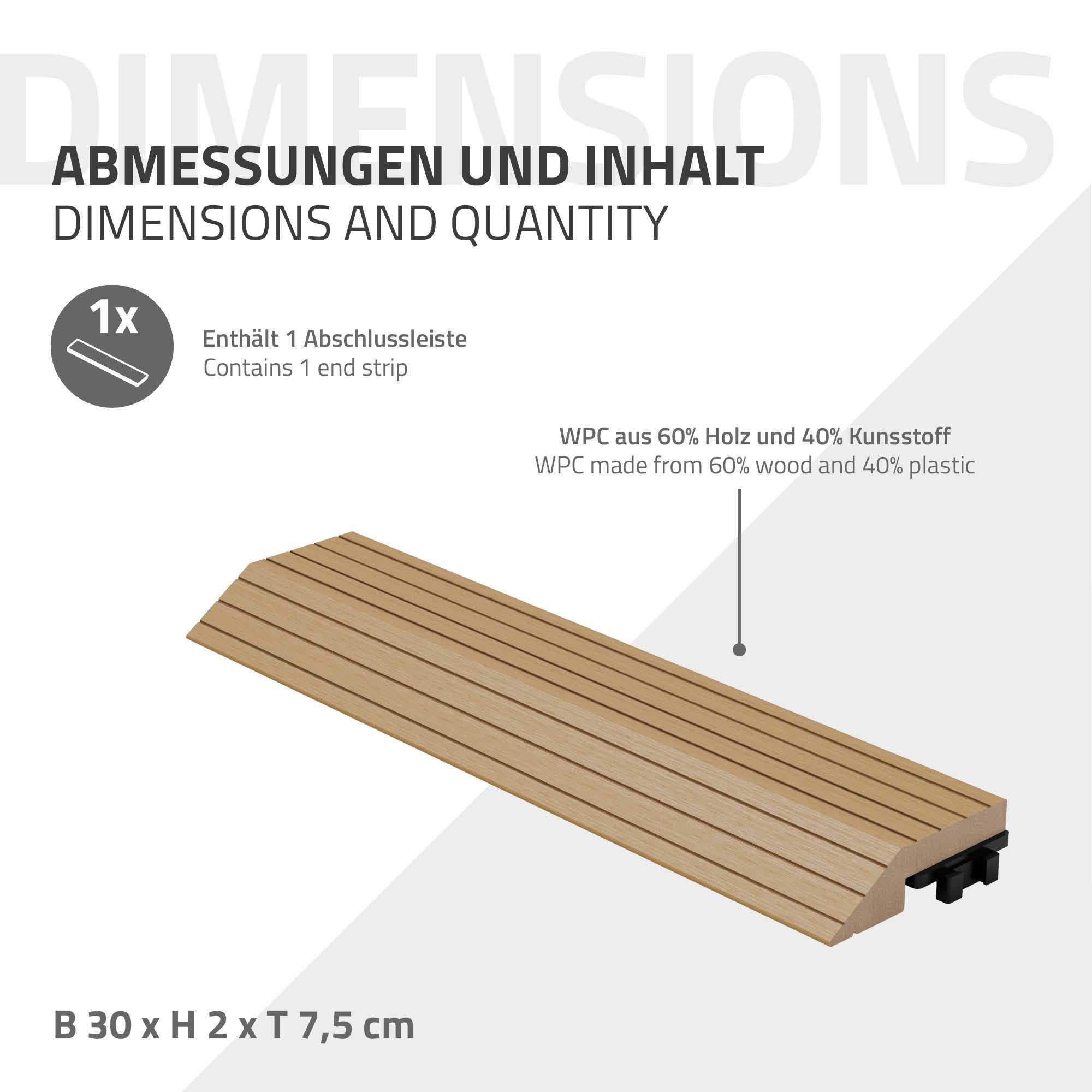 Ein Holz- und Kunststoffstreifen mit Maßen und Inhalt auf einem weißen Hintergrund.