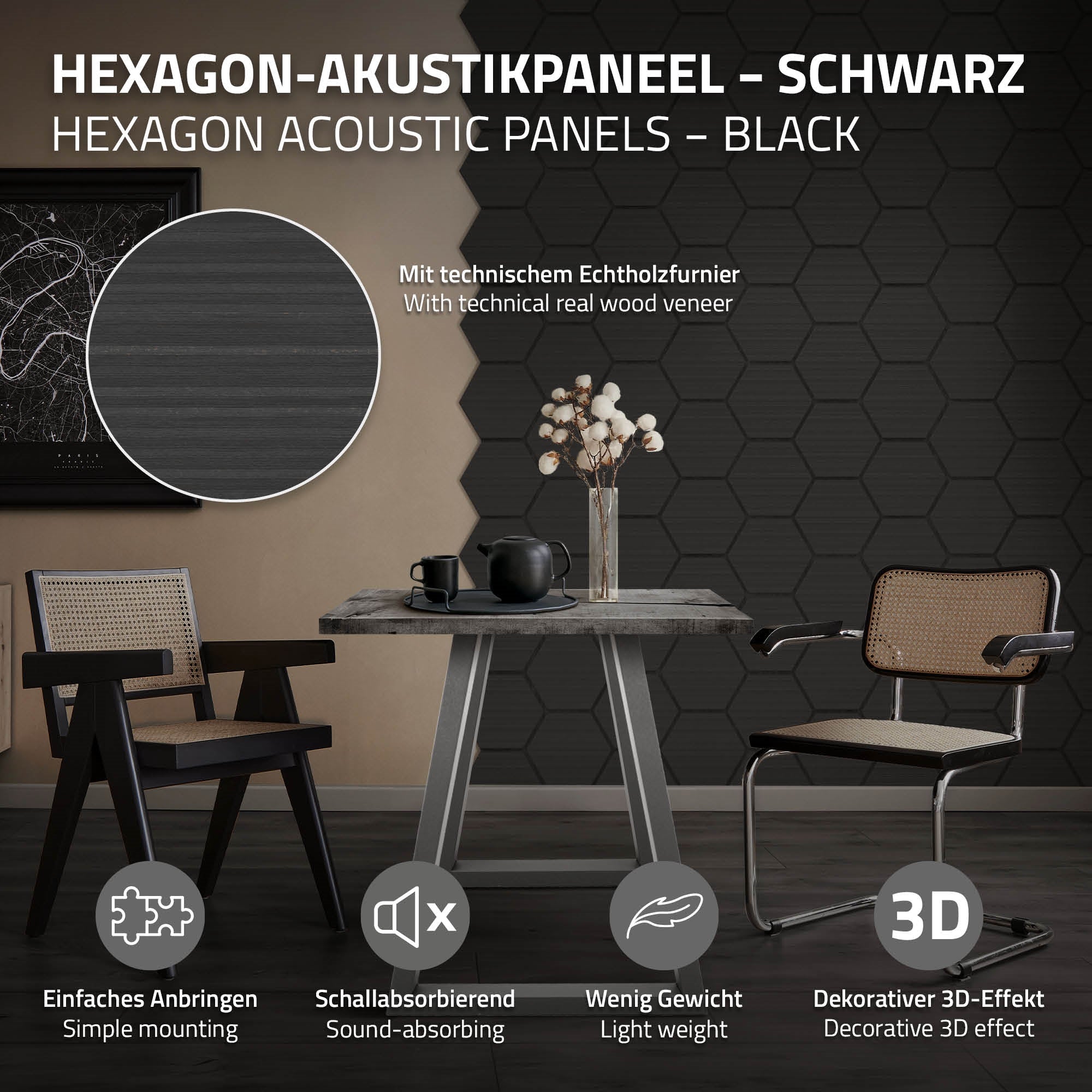Bild von hexagonalen Akustikpaneelen in Schwarz mit Beschreibung und Anwendungshinweisen.
