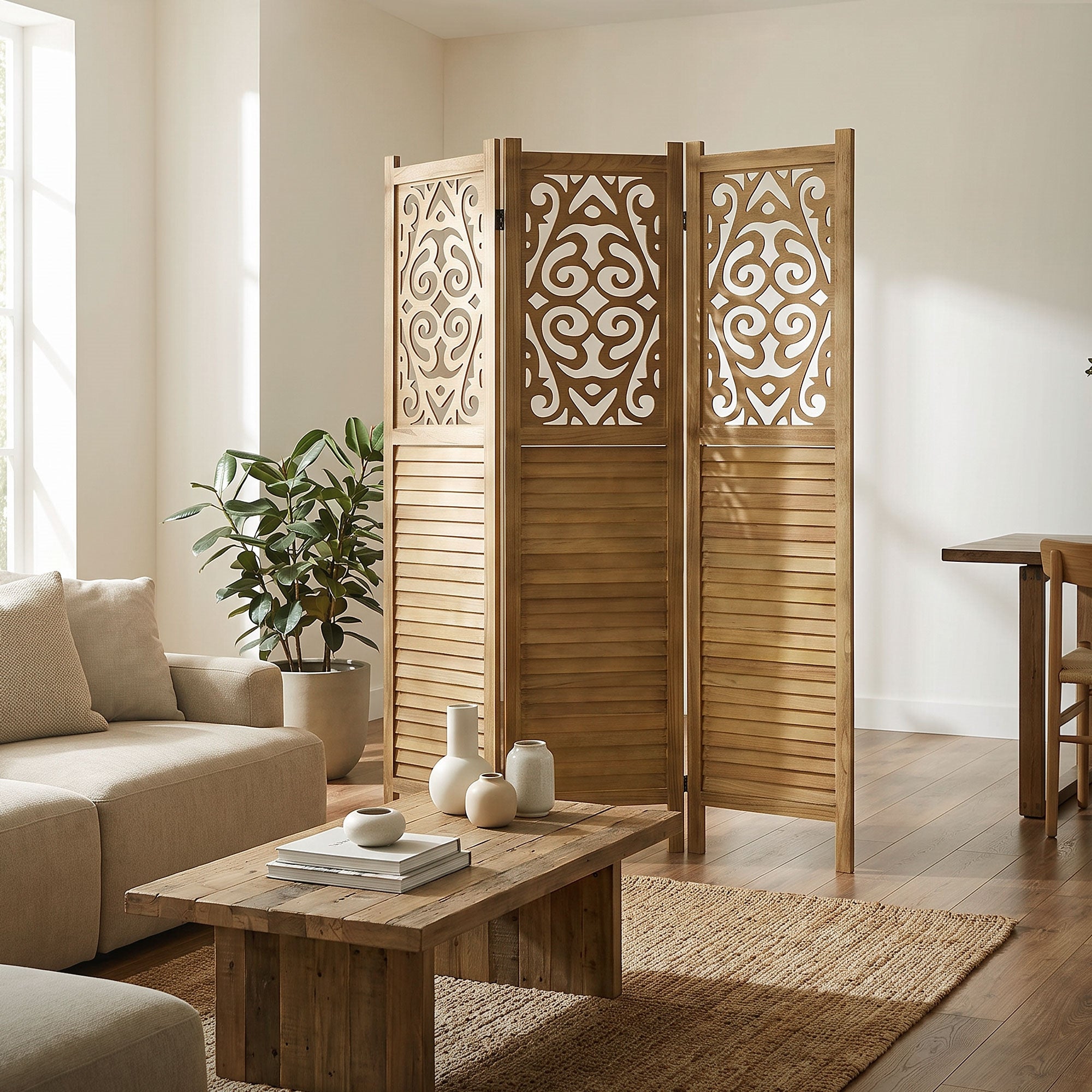 A room with a wooden screen and a couch.