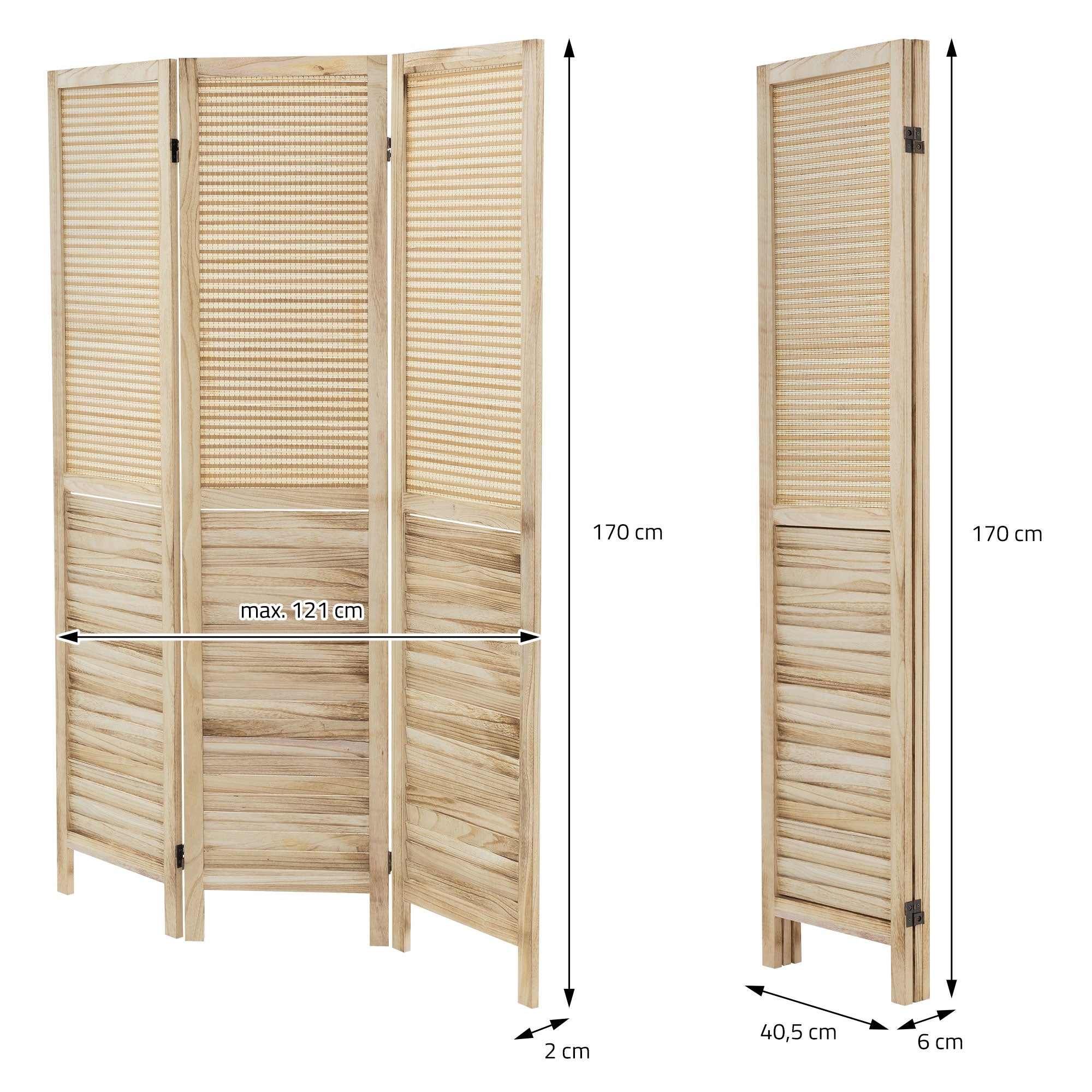 Holzparavent mit drei Paneelen, Maße und Details sichtbar.