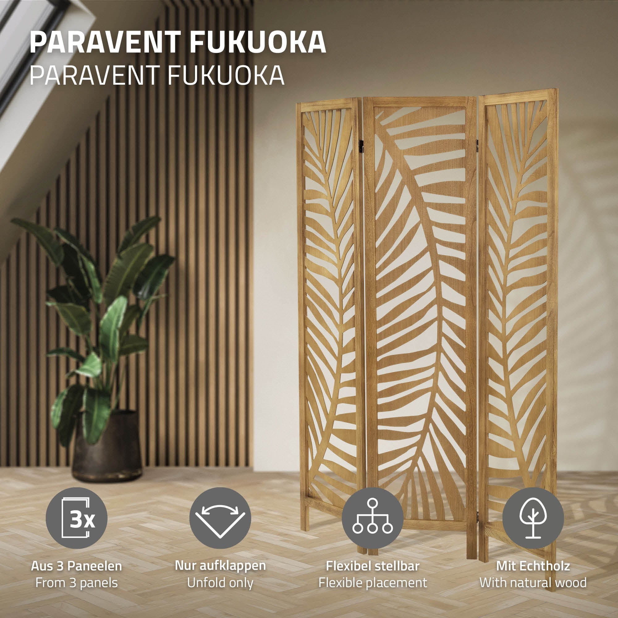 Paravent Fukuoka aus drei Paneelen, flexibel aufstellbar.