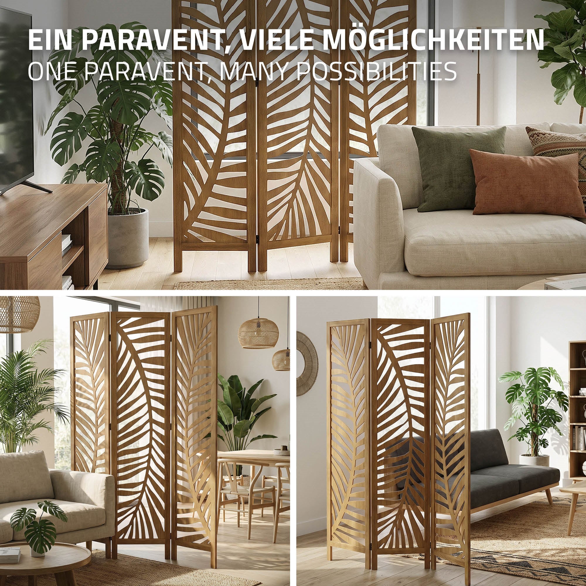 Fa paraván egy modern lakótérben növényekkel.