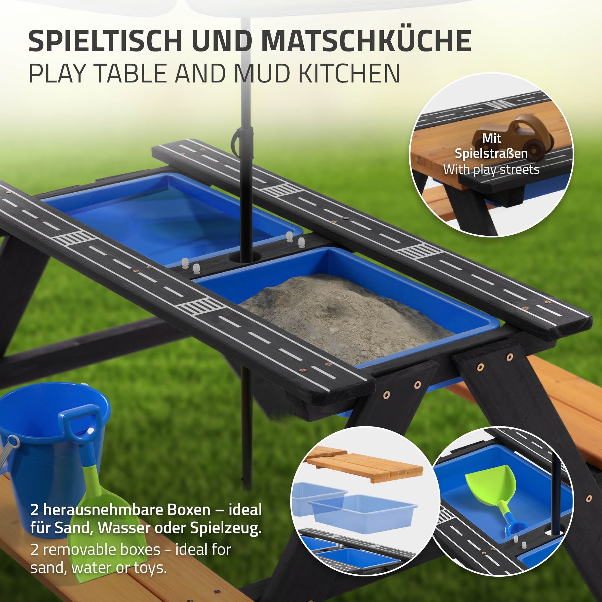 Spieltisch mit zwei herausnehmbaren Boxen für Sand oder Wasser.