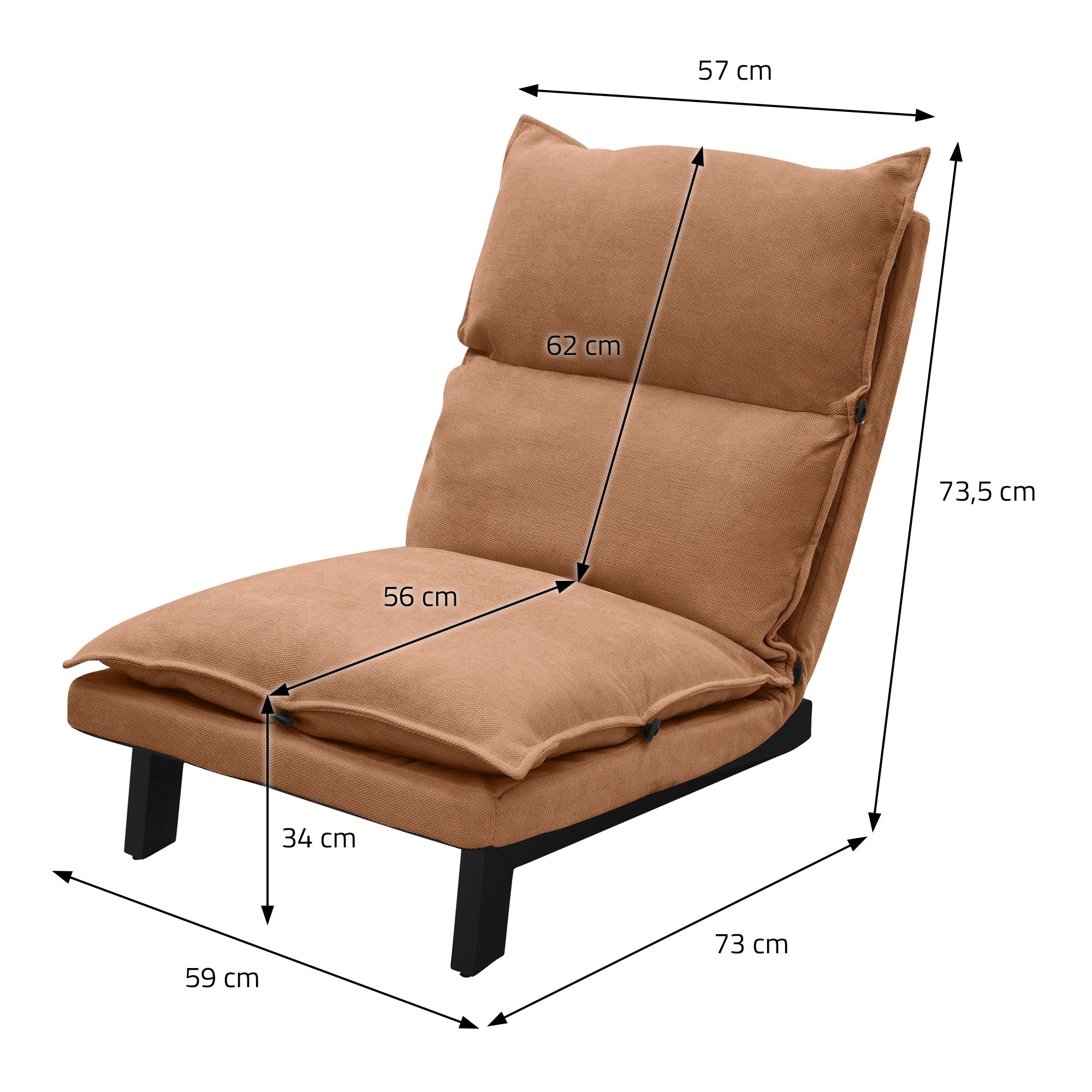 Bruine stoel met afmetingen: 57 cm breed, 73,5 cm hoog, 73 cm diep.